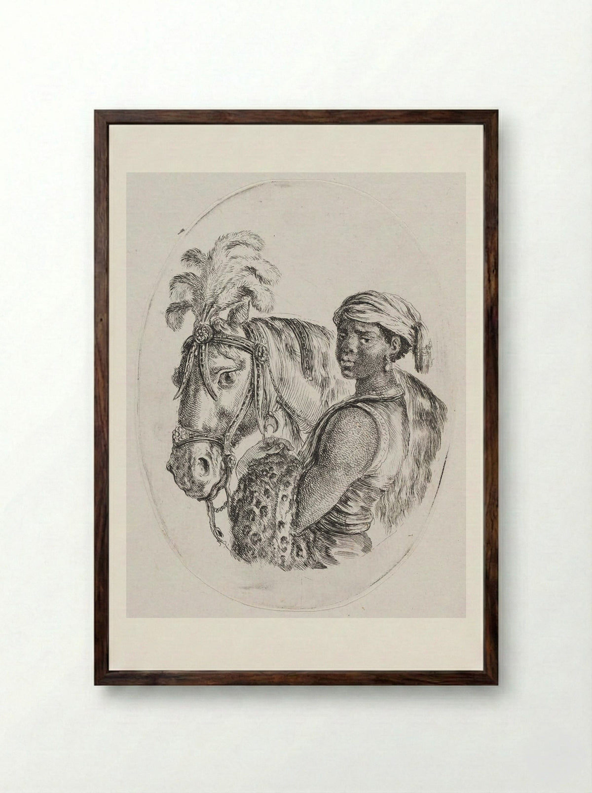 A Horse with Its Keeper, a Black Youth with a Leopardskin over His Arm - Stefano Della Bella - Framed Print Dark Wood