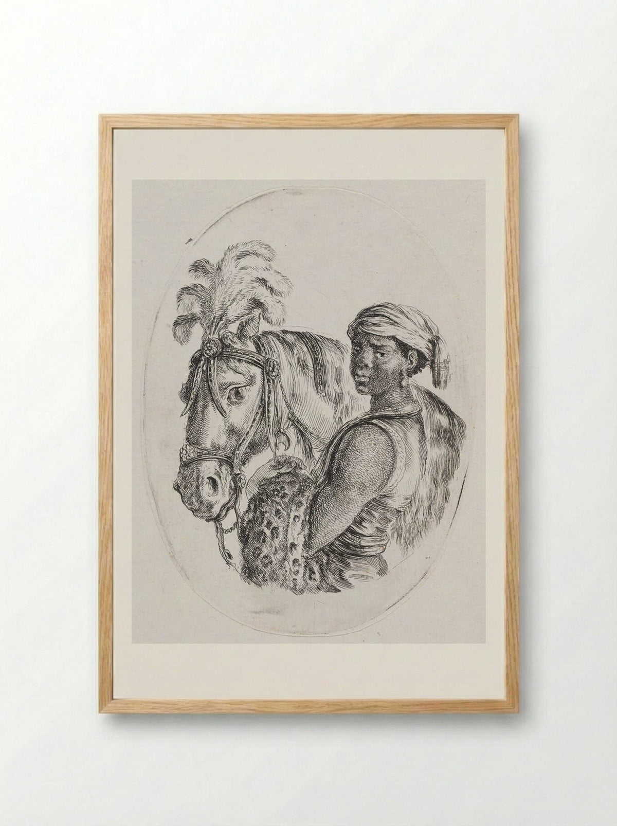 A Horse with Its Keeper, a Black Youth with a Leopardskin over His Arm - Stefano Della Bella - Framed Print Wood