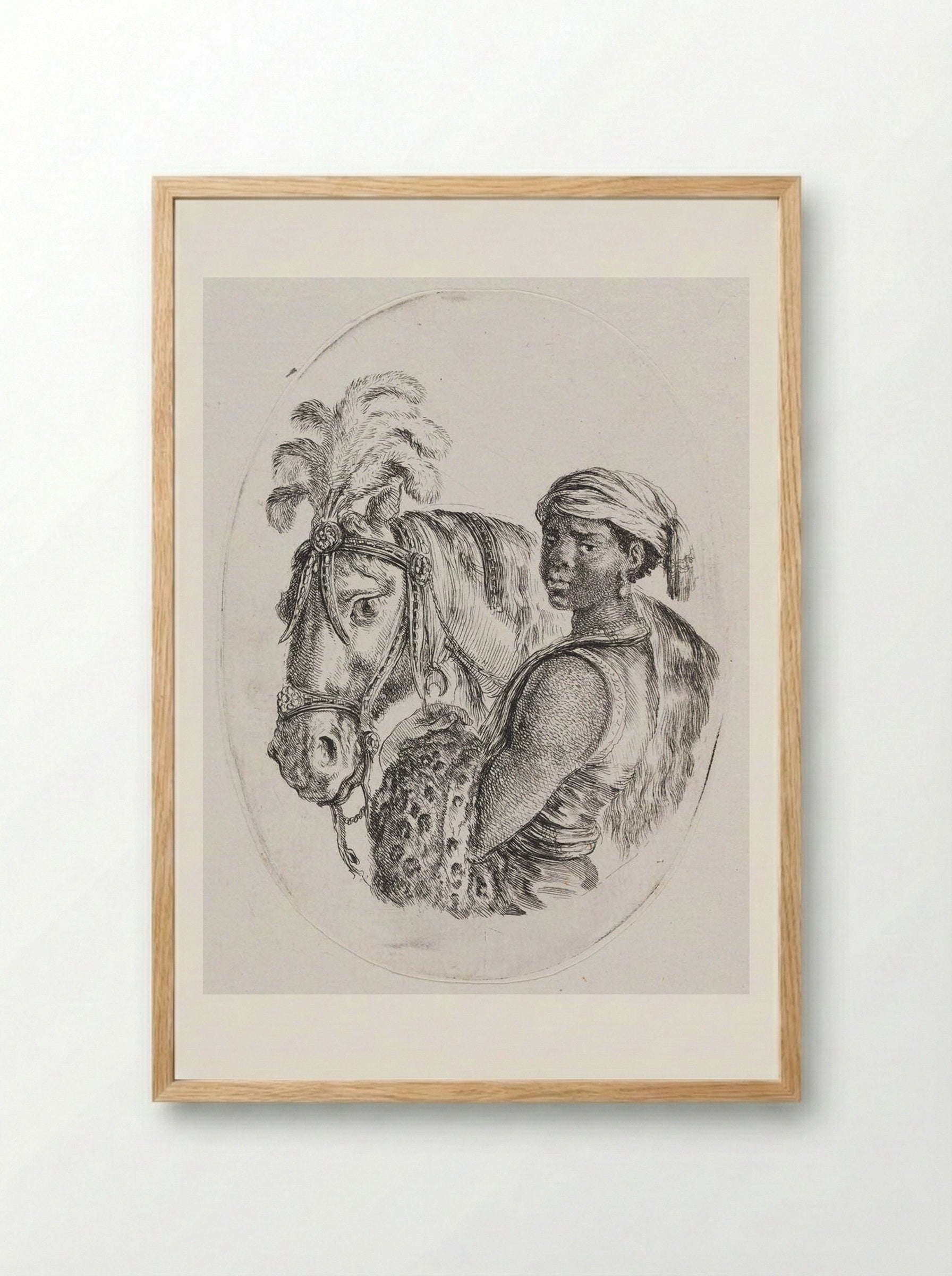 A Horse with Its Keeper, a Black Youth with a Leopardskin over His Arm - Stefano Della Bella - Framed Print Wood