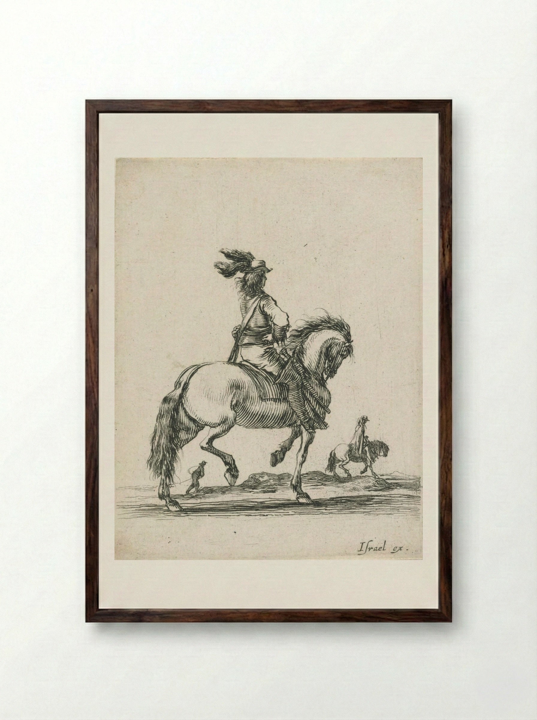 A Horseman, behind Him Another Horseman and a Man on Foot - Stefano Della Bella - Framed Print Dark Wood