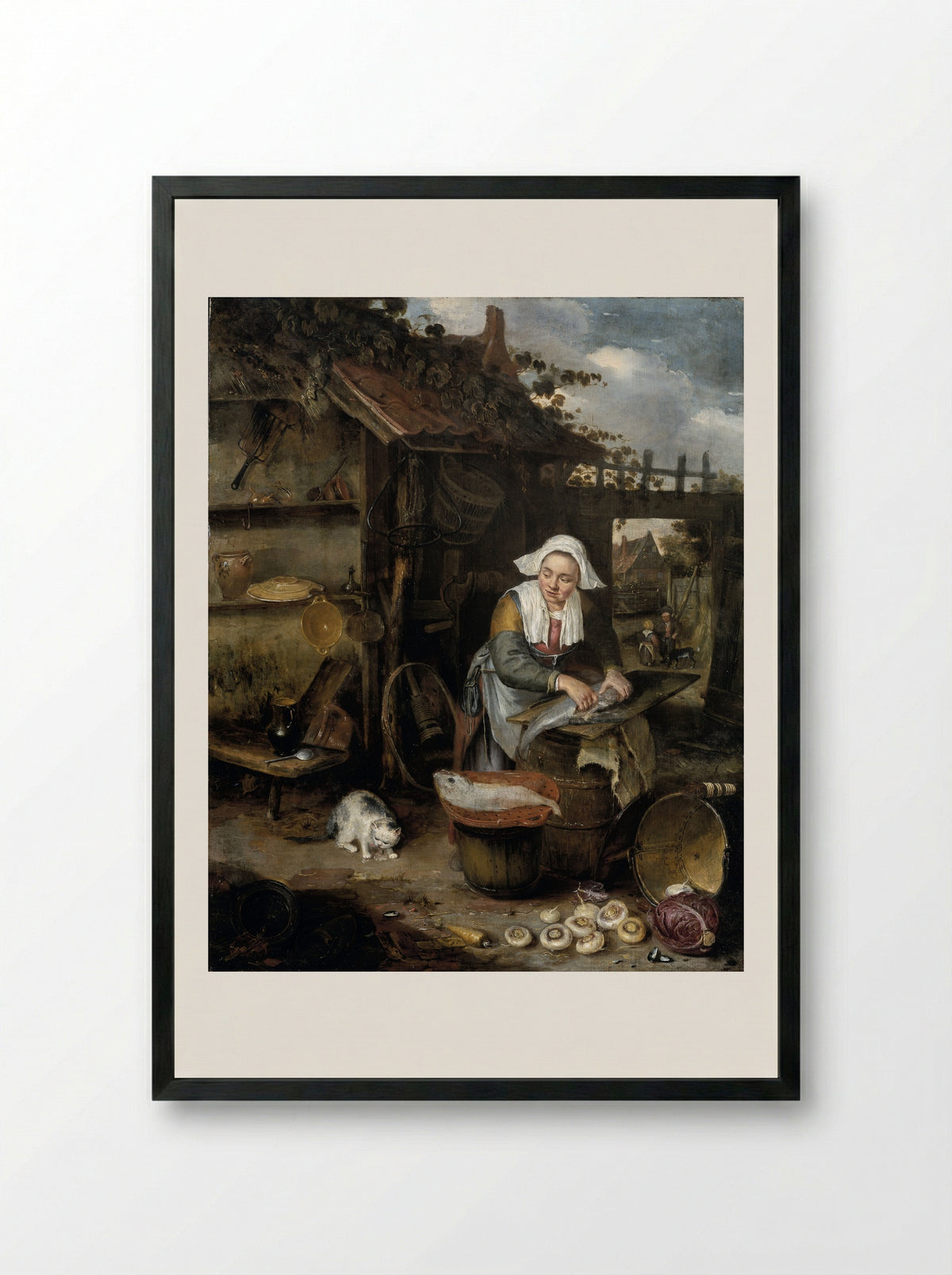 A Housewife Cleaning Fish in a Courtyard - Hendrik Potuyl - Framed Print Black