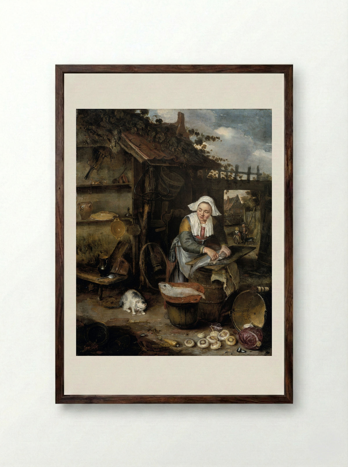 A Housewife Cleaning Fish in a Courtyard - Hendrik Potuyl - Framed Print Dark Wood