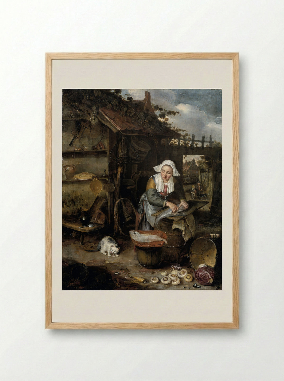 A Housewife Cleaning Fish in a Courtyard - Hendrik Potuyl - Framed Print Wood
