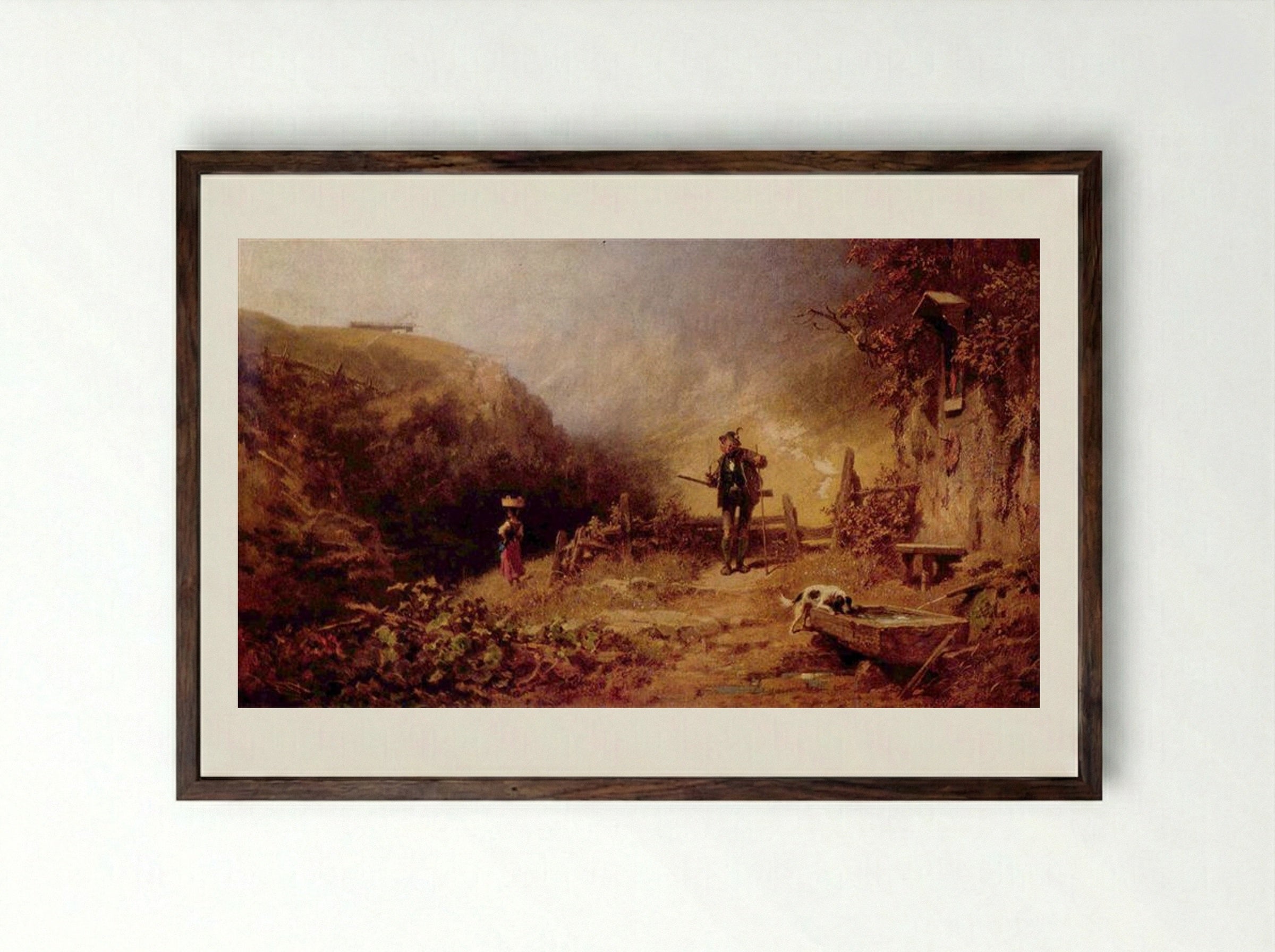 A Hunter Looking to a Young Girl - Carl Spitzweg - Framed Print Dark Wood