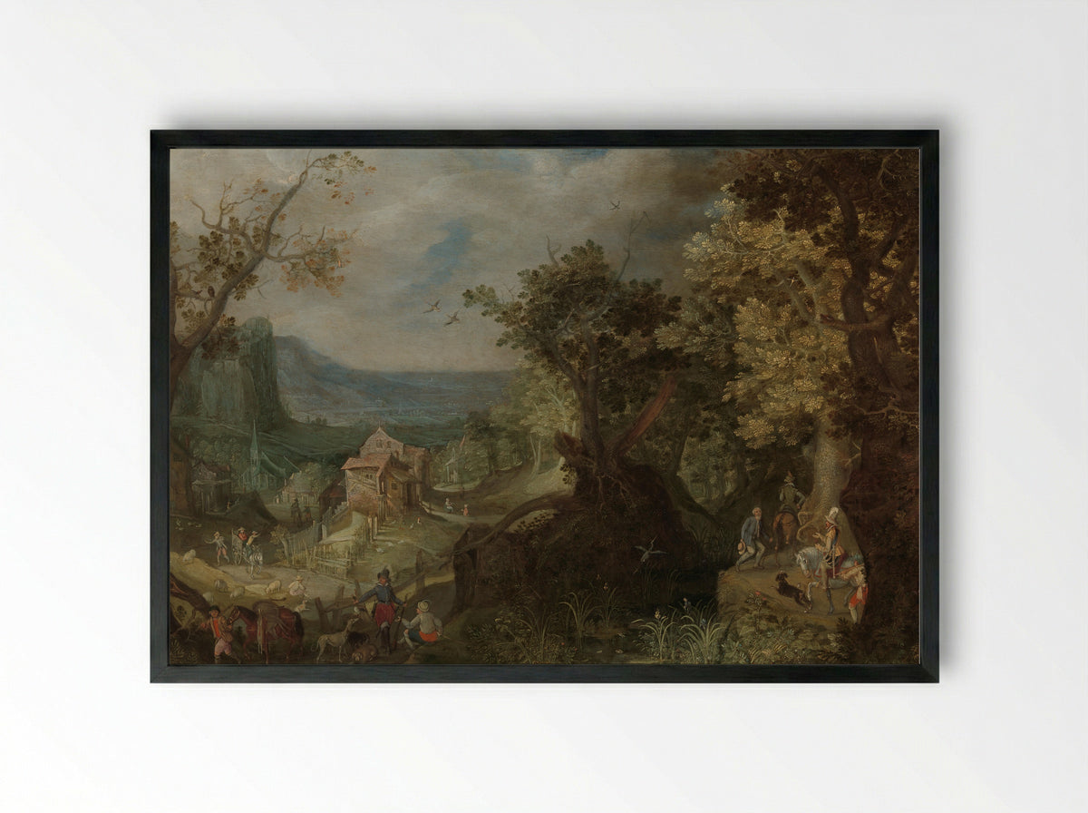 A Hunter and a Rider on a Forest Path with a Village and Valley in the Distance - Anton Mirou - Framed Print Black