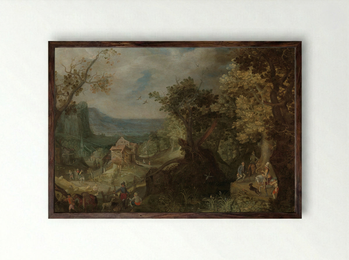 A Hunter and a Rider on a Forest Path with a Village and Valley in the Distance - Anton Mirou - Framed Print Dark Wood
