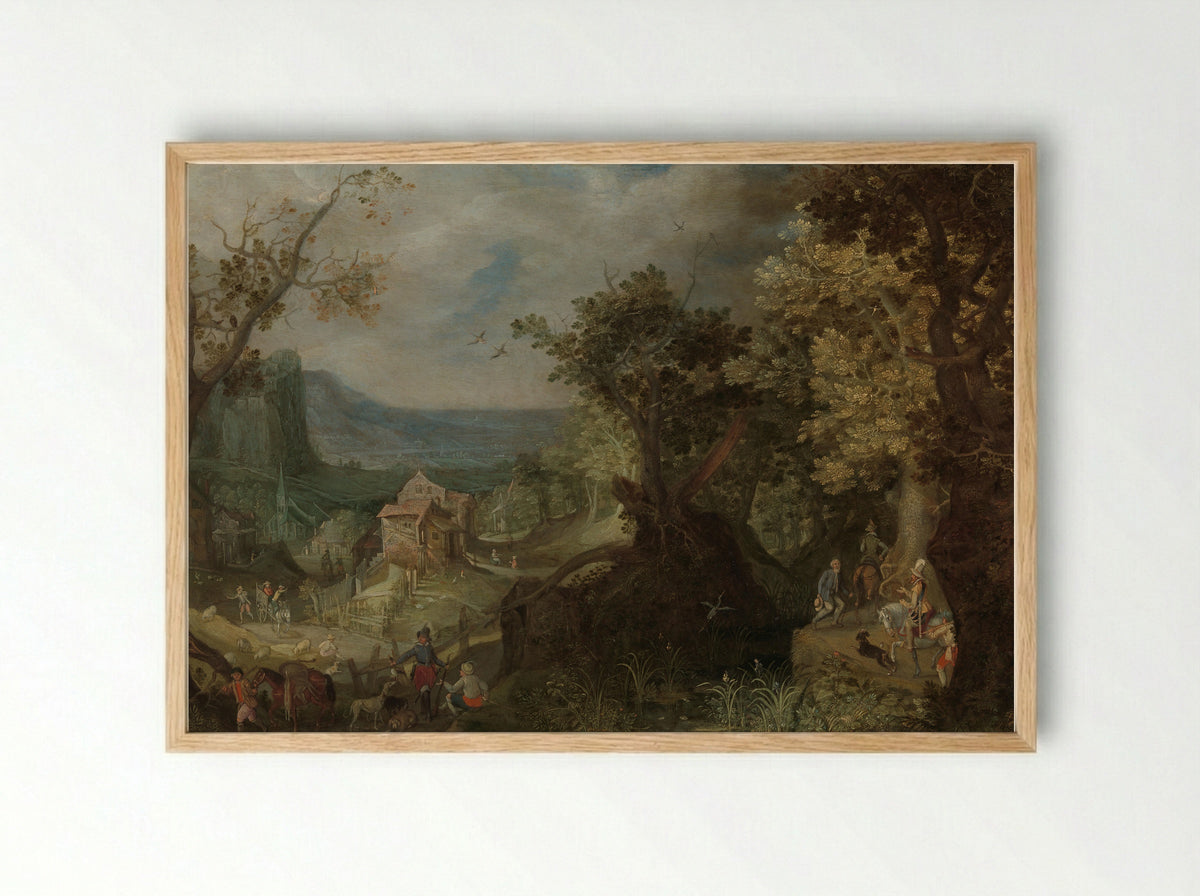 A Hunter and a Rider on a Forest Path with a Village and Valley in the Distance - Anton Mirou - Framed Print Wood