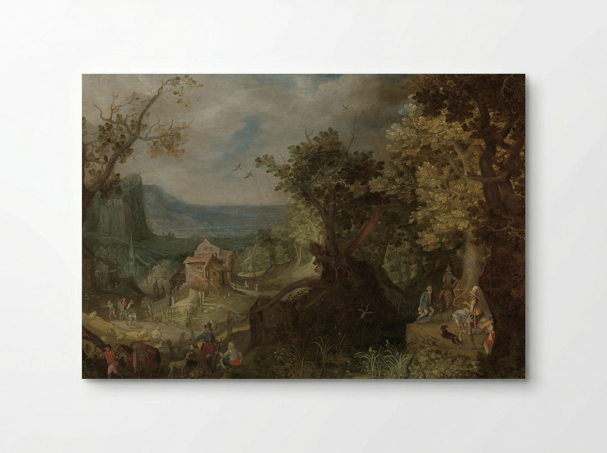 A Hunter and a Rider on a Forest Path with a Village and Valley in the Distance - Anton Mirou - Poster