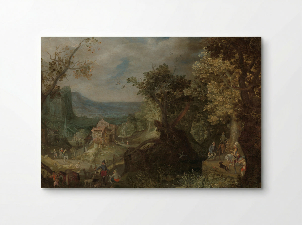 A Hunter and a Rider on a Forest Path with a Village and Valley in the Distance - Anton Mirou - Poster