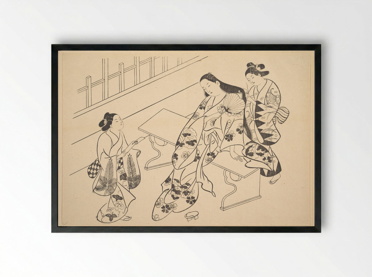 A Kamuro is Shown Bringing a Love Letter to Her Mistress - Okumura Masanobu - Framed Print Black