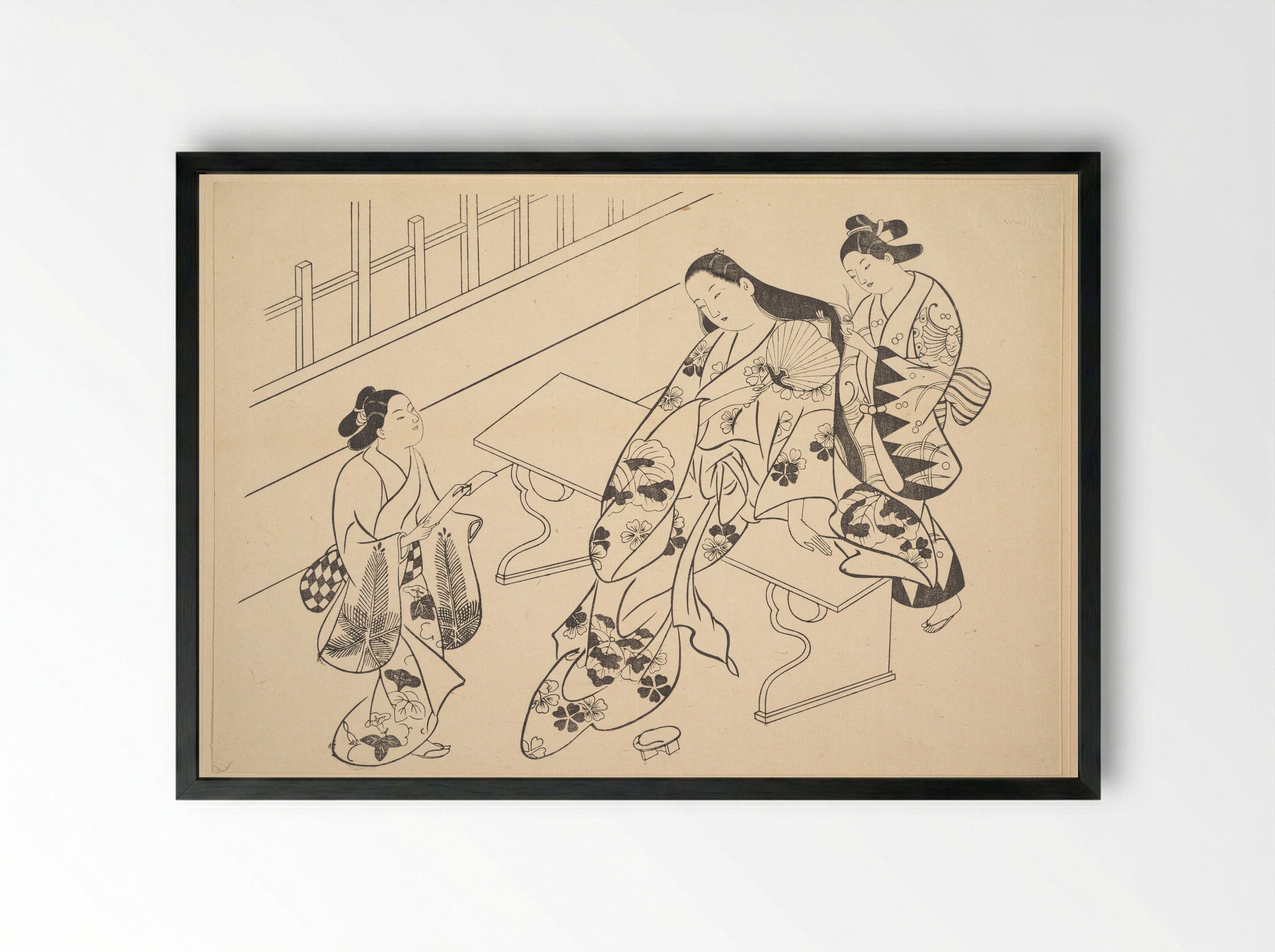 A Kamuro is Shown Bringing a Love Letter to Her Mistress - Okumura Masanobu - Framed Print Black