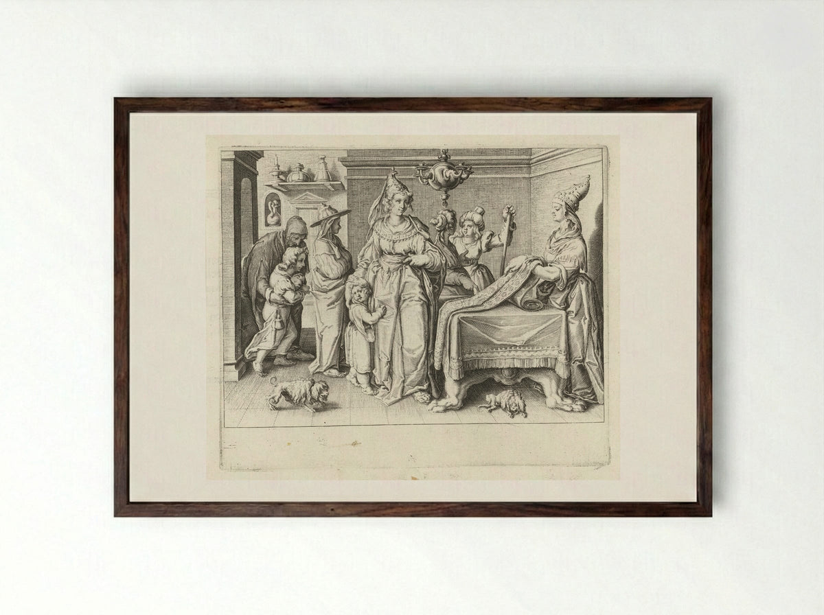 A Lacedaemonian Woman Showing Her Children to a Weaver - Zacharias Dolendo - Framed Print Dark Wood