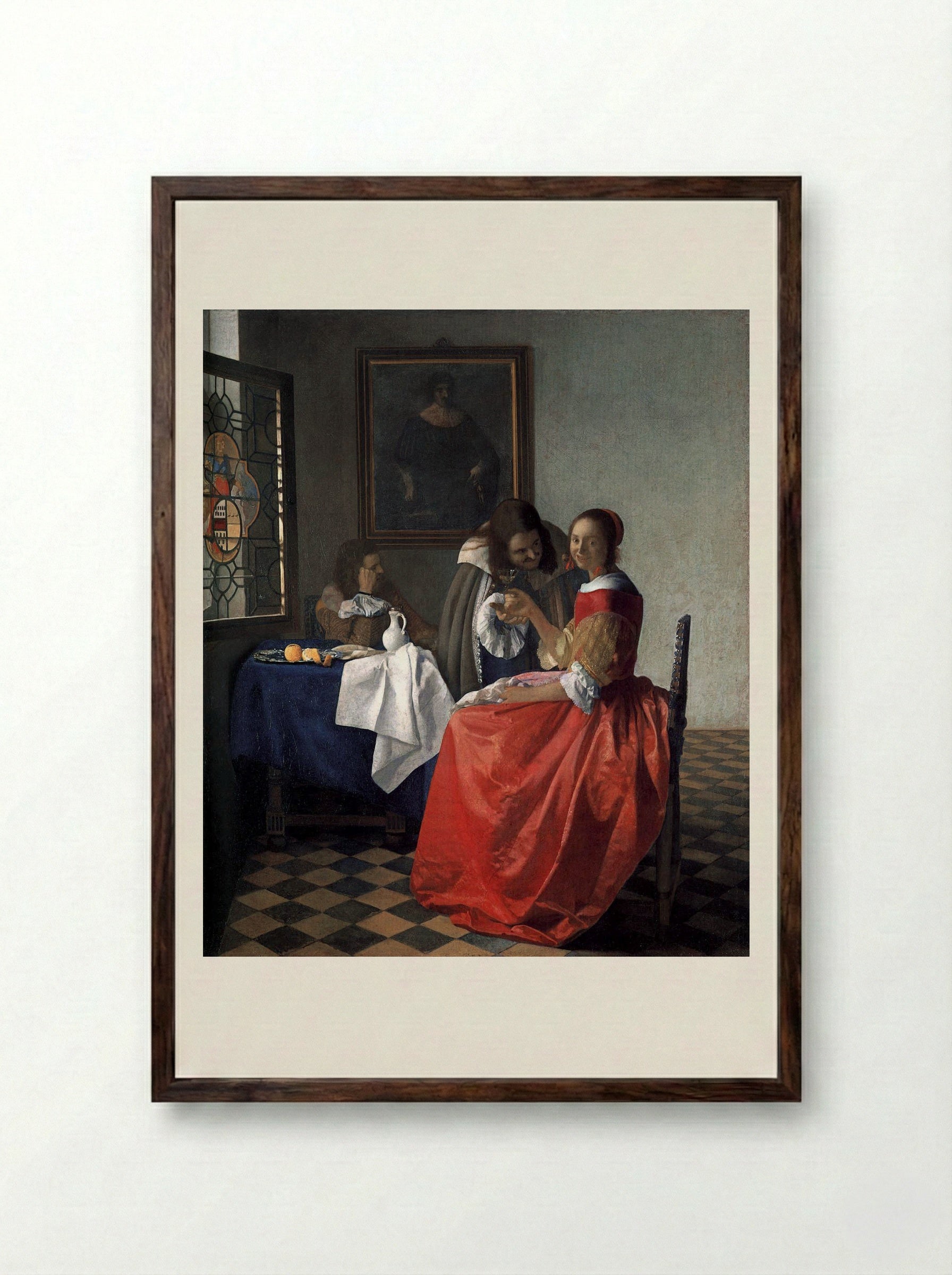 A Lady and Two Gentlemen - Johannes Vermeer - Framed Print Dark Wood