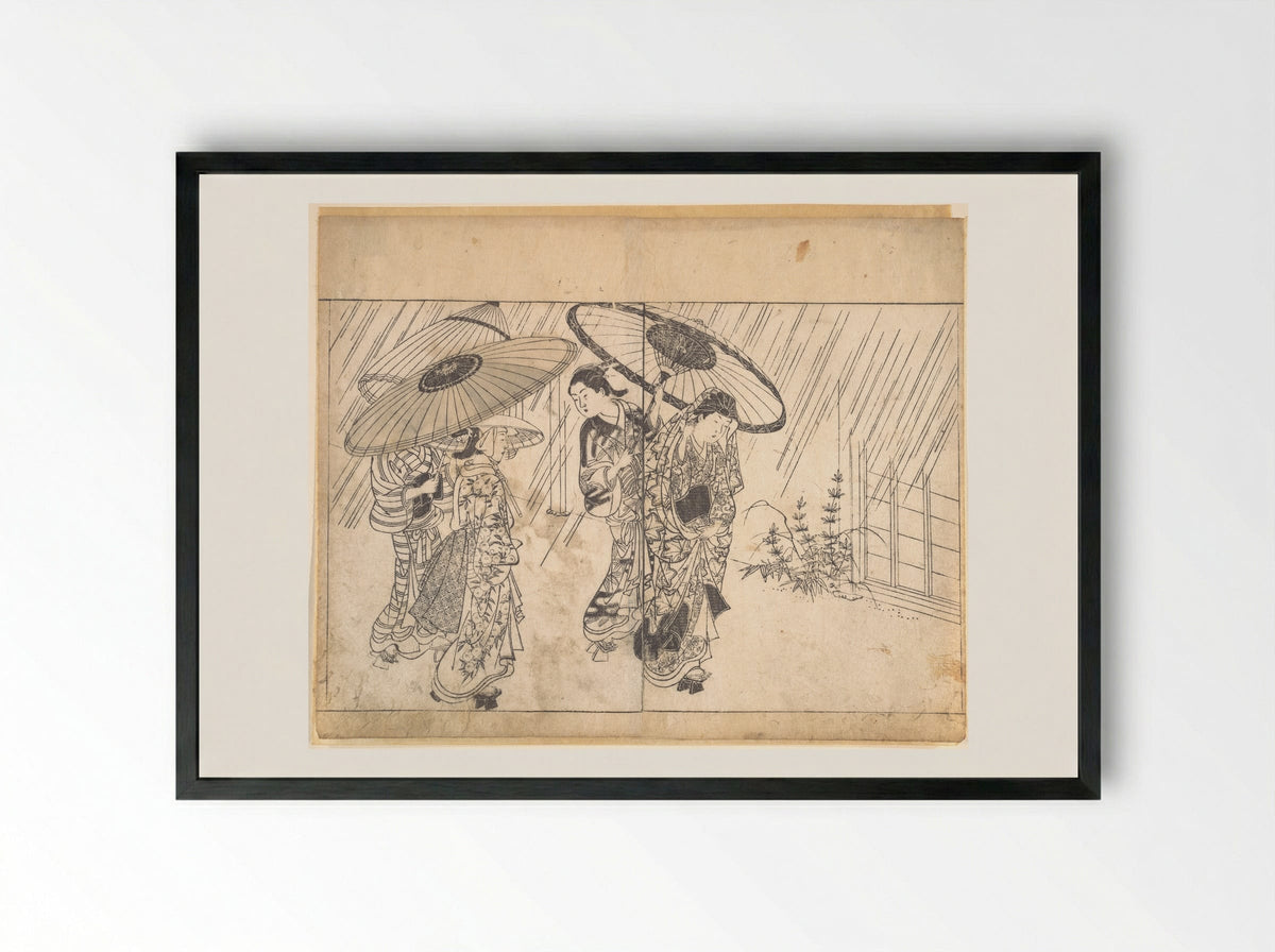 A Lady with Three Attendants in the Rain - Nishikawa Sukenobu - Framed Print Black