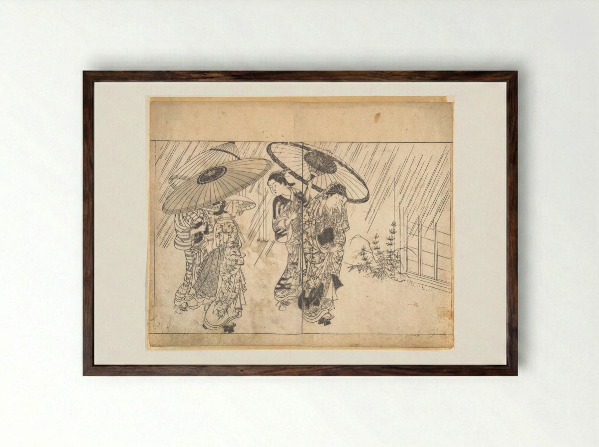 A Lady with Three Attendants in the Rain - Nishikawa Sukenobu - Framed Print Dark Wood