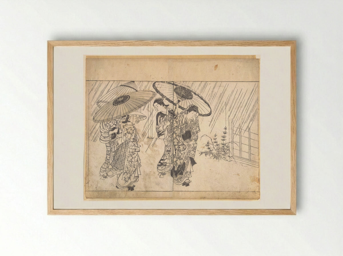 A Lady with Three Attendants in the Rain - Nishikawa Sukenobu - Framed Print Wood