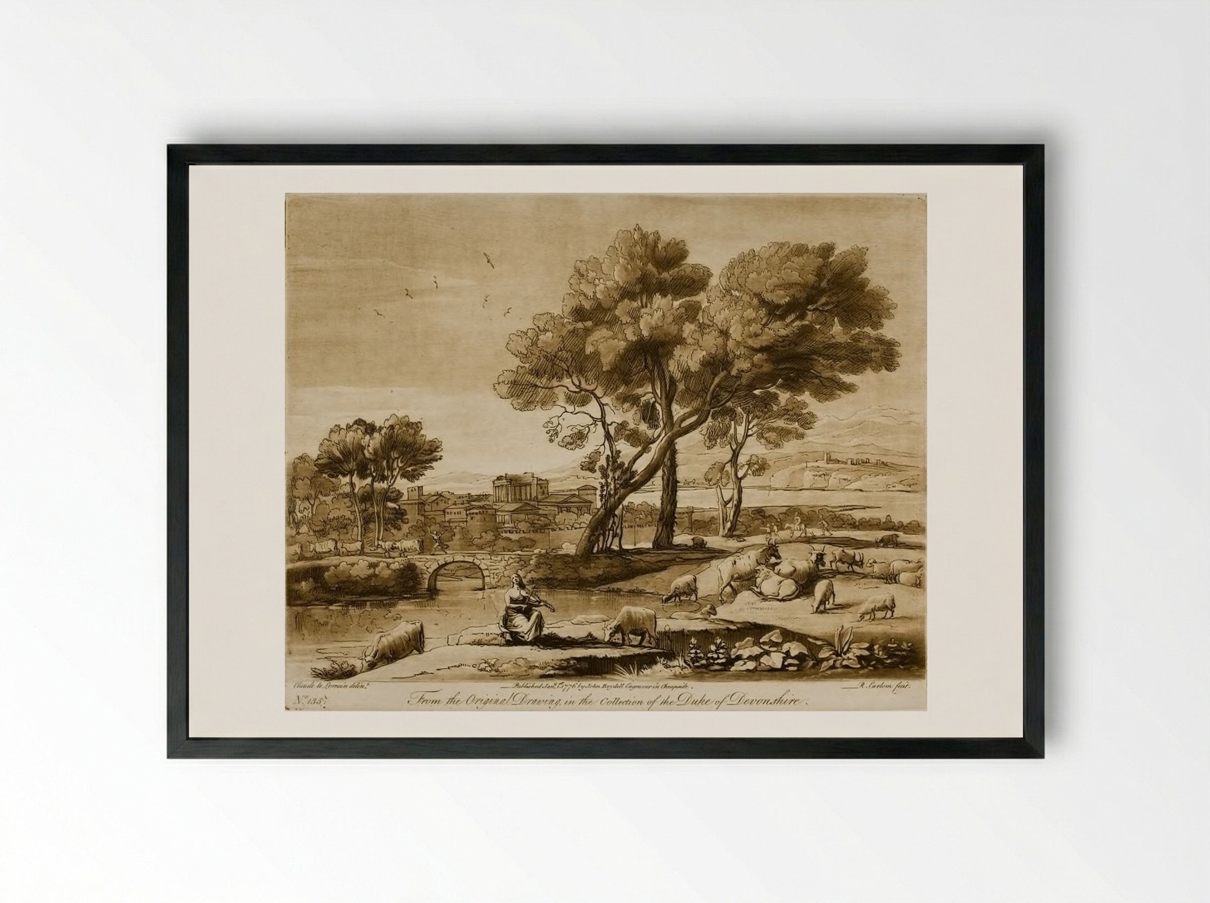 A Landscape, with Buildings, and Mercury Stealing Admetus's Cattle from Apollo - Richard Earlom - Framed Print Black