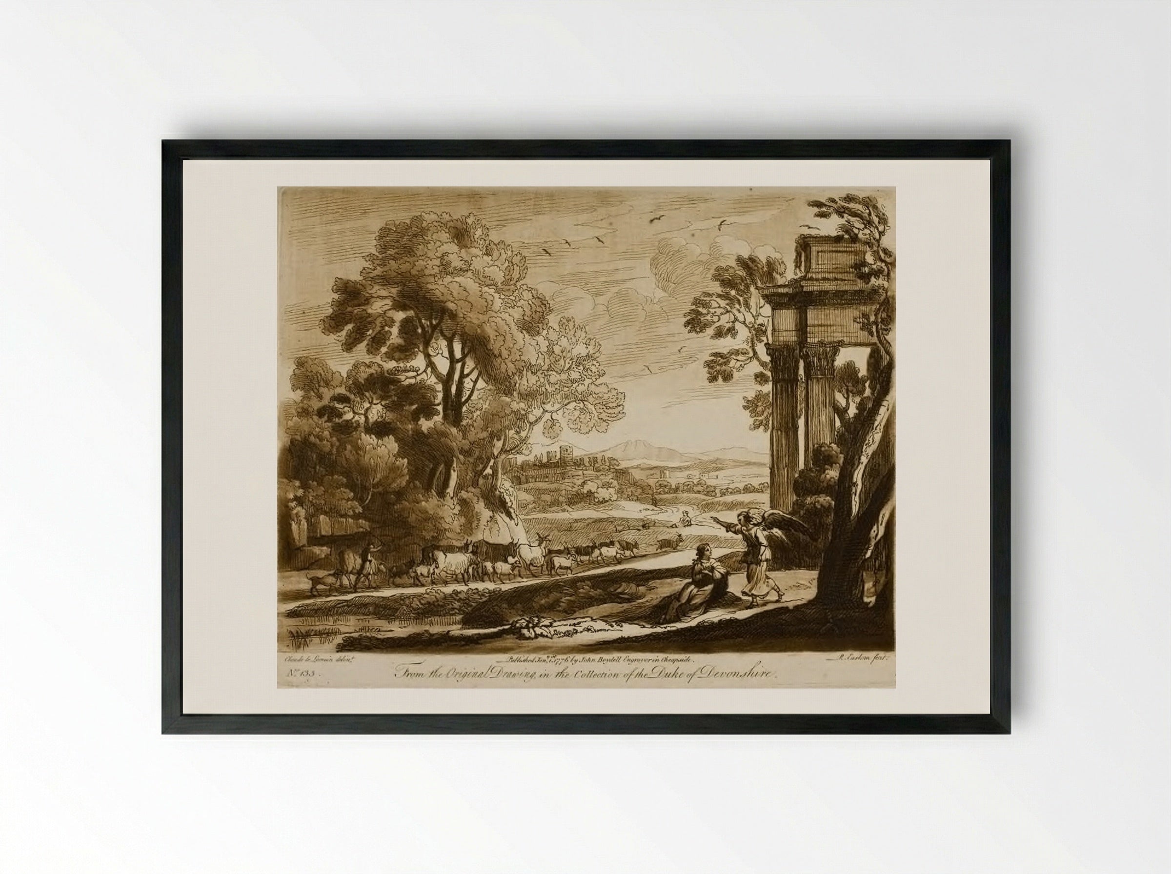 A Landscape, with Cattle, and the Angel Comforting Hagar - Richard Earlom - Framed Print Black