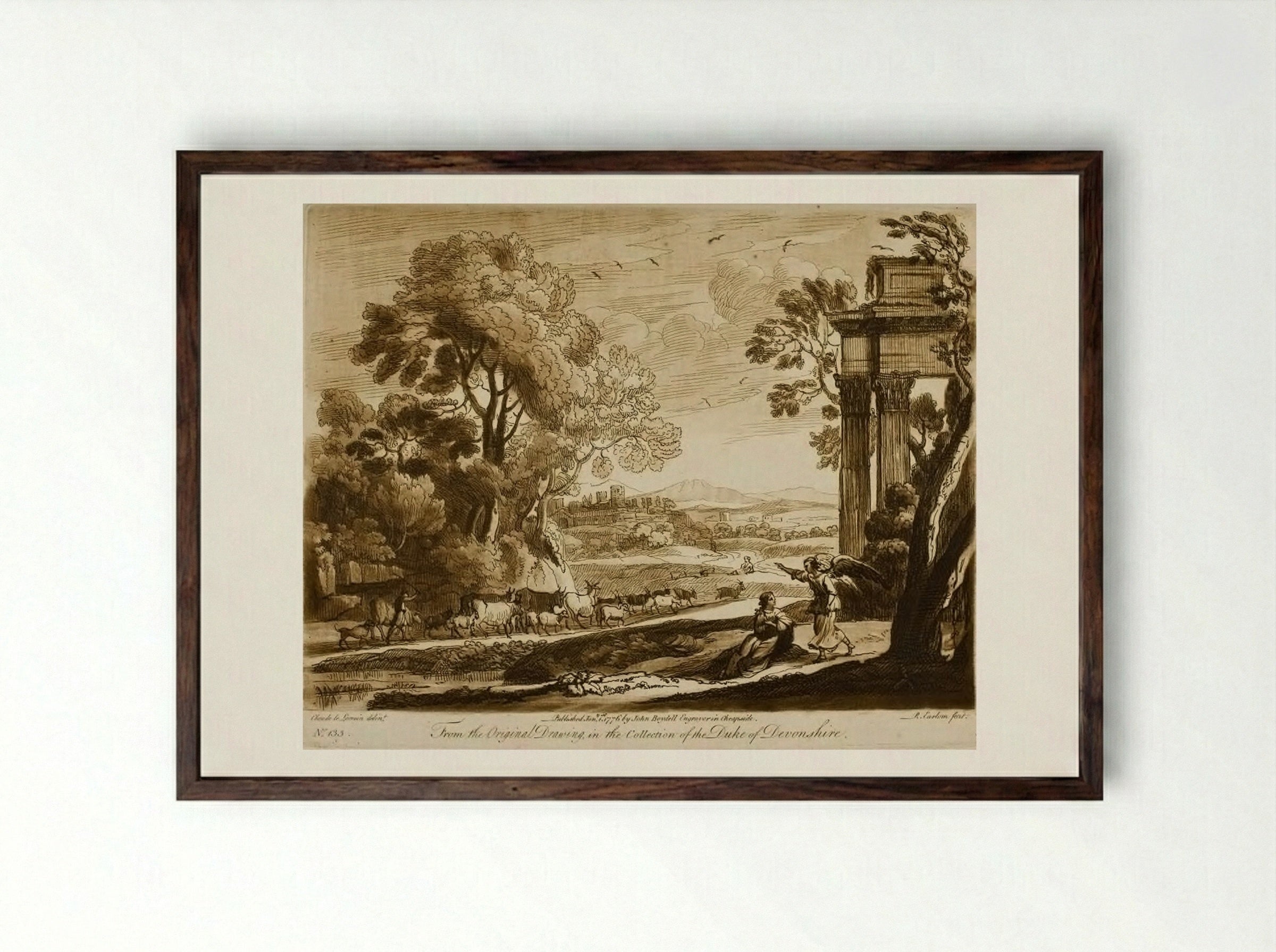 A Landscape, with Cattle, and the Angel Comforting Hagar - Richard Earlom - Framed Print Dark Wood