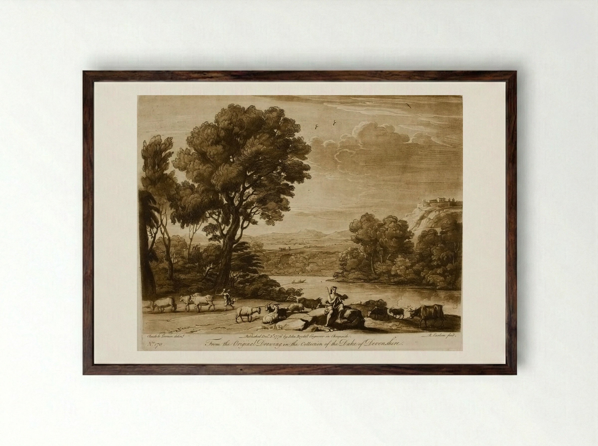 A Landscape, with Cattle, and with Mercury and Battus - Richard Earlom - Framed Print Dark Wood