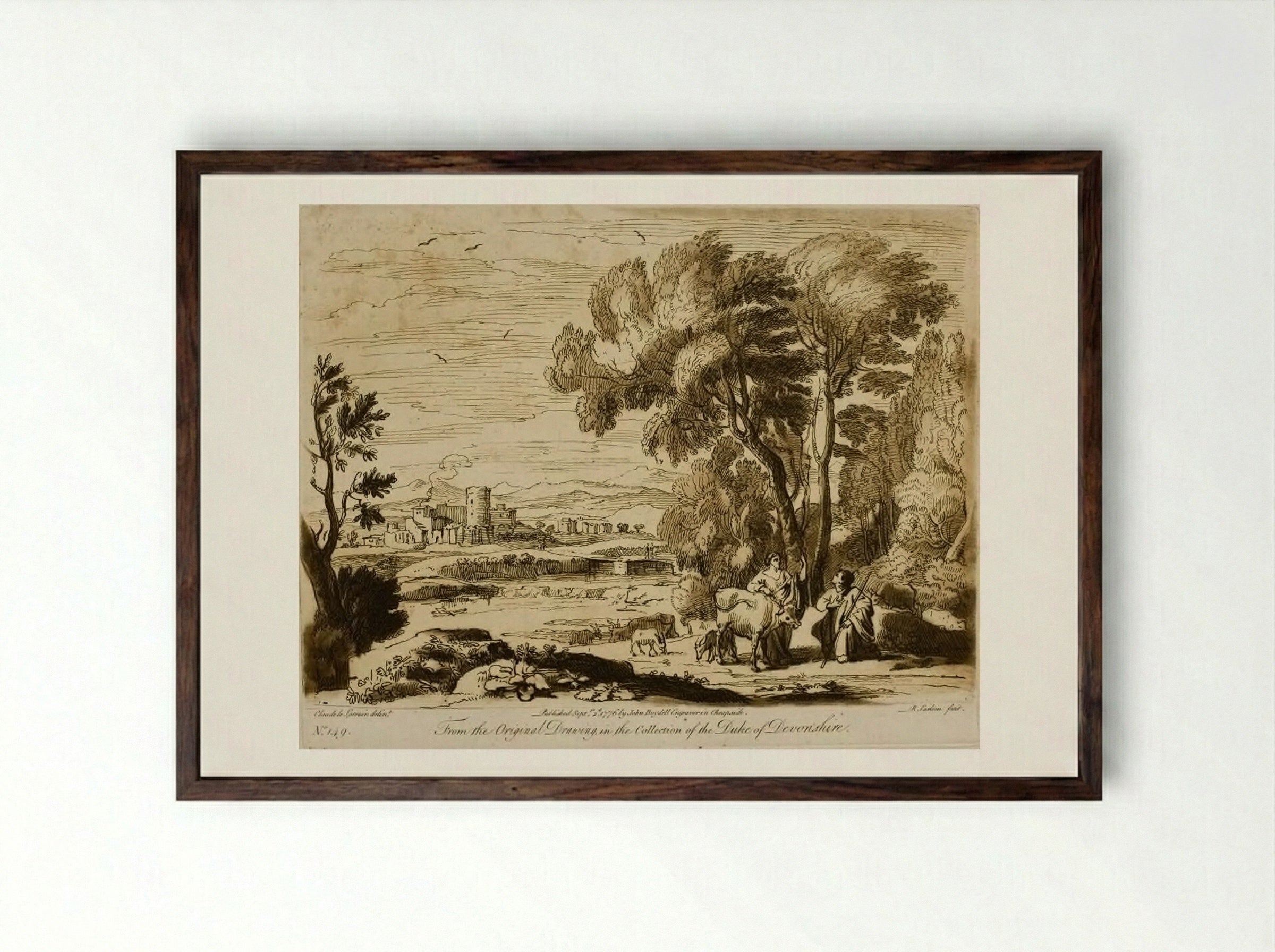 A Landscape, with Figures and Cattle, and Juno Committing the Care of Io to Argus - Richard Earlom - Framed Print Dark Wood