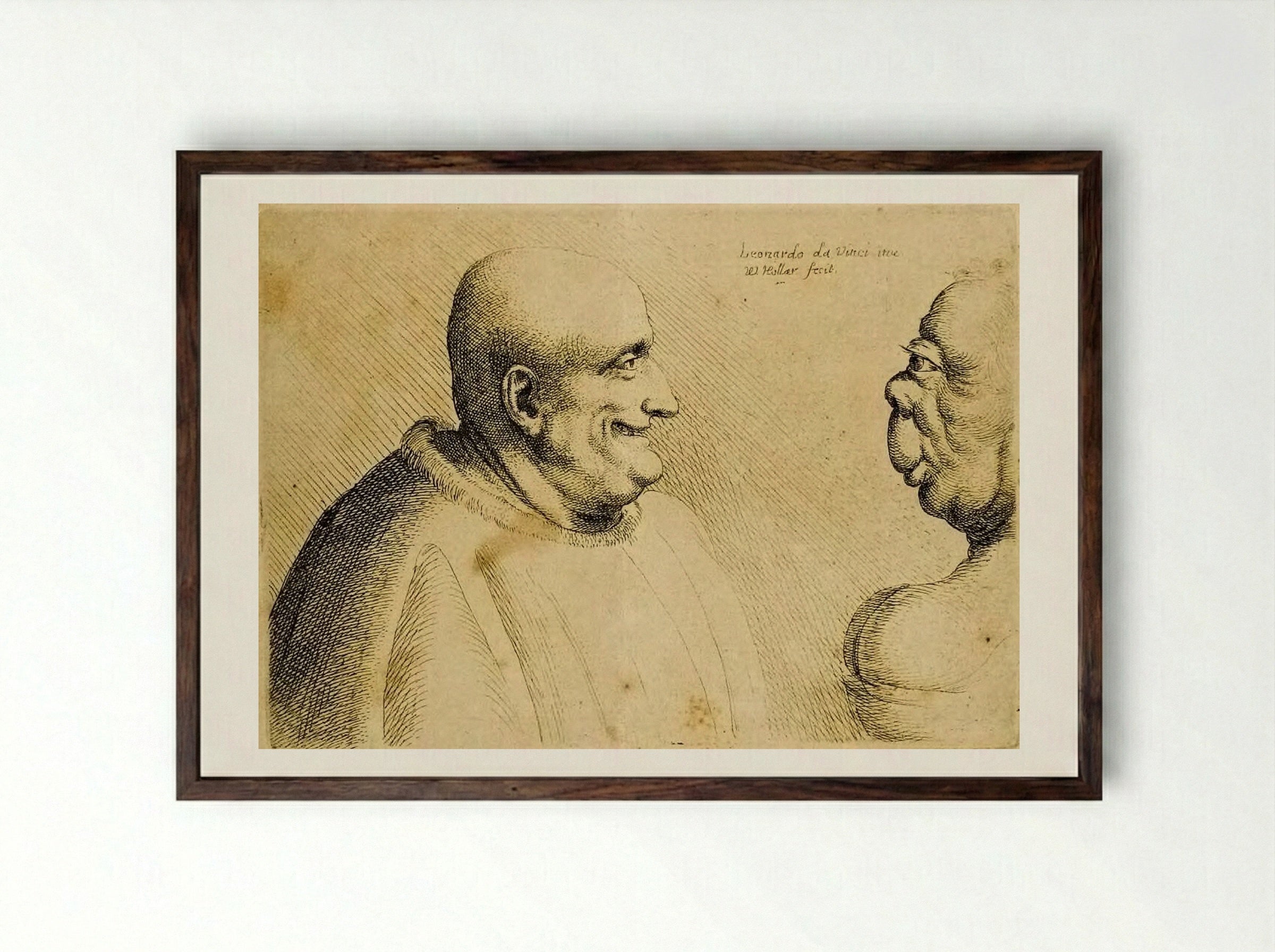 A Large Man with a Bald Head Facing a Grotesque Female - Wenceslaus Hollar - Framed Print Dark Wood