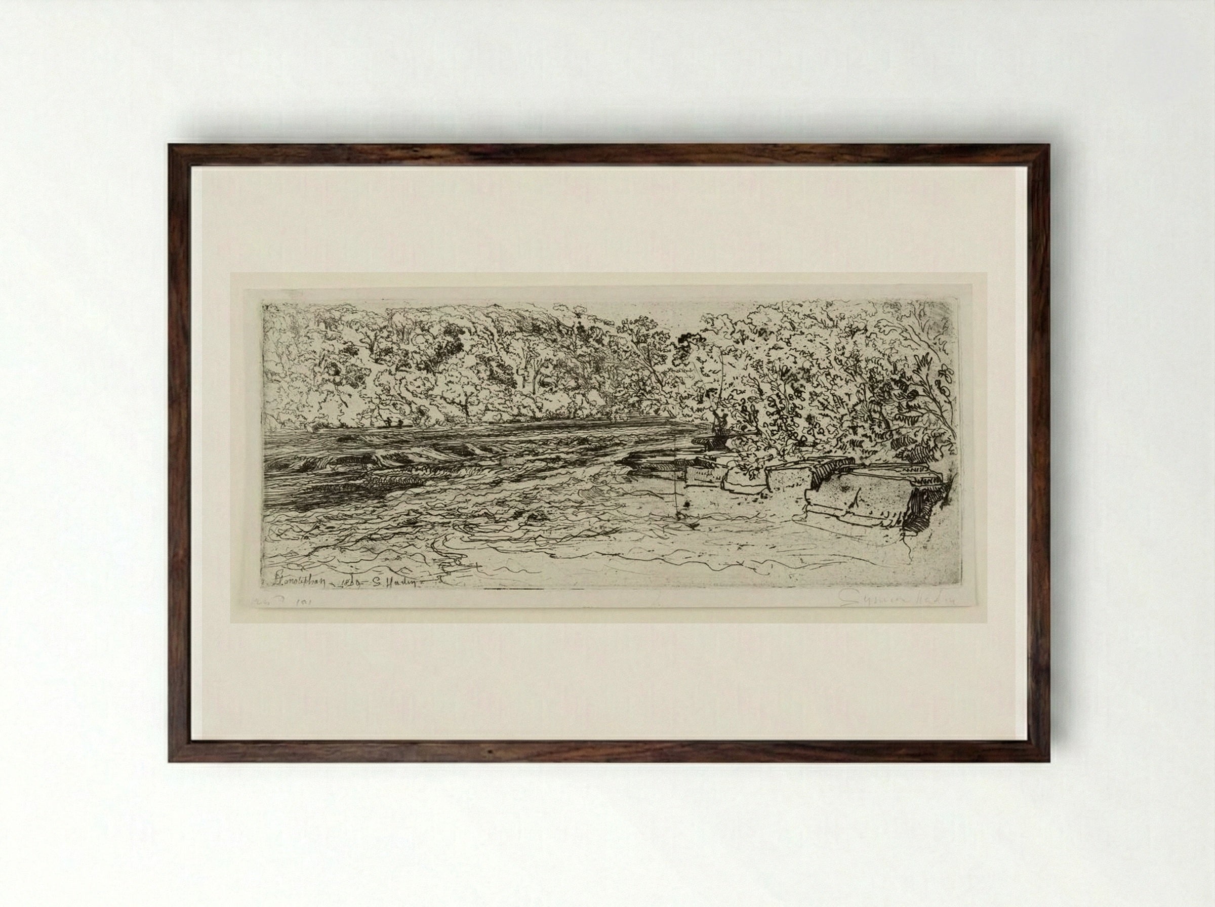 A Likely Place for a Salmon - Francis Seymour Haden - Framed Print Dark Wood