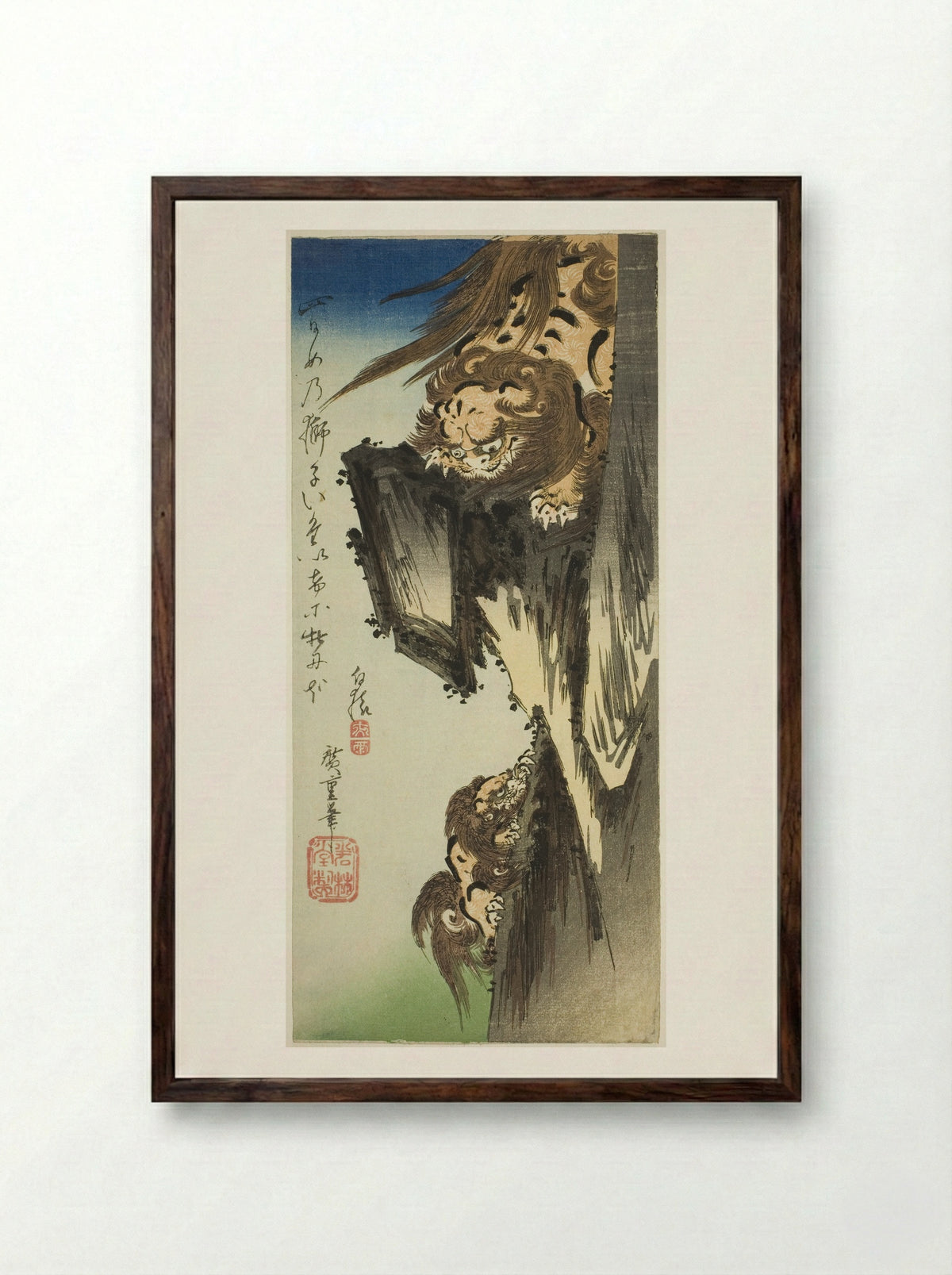 A Lion Training a Cub - Utagawa Hiroshige - Framed Print Dark Wood