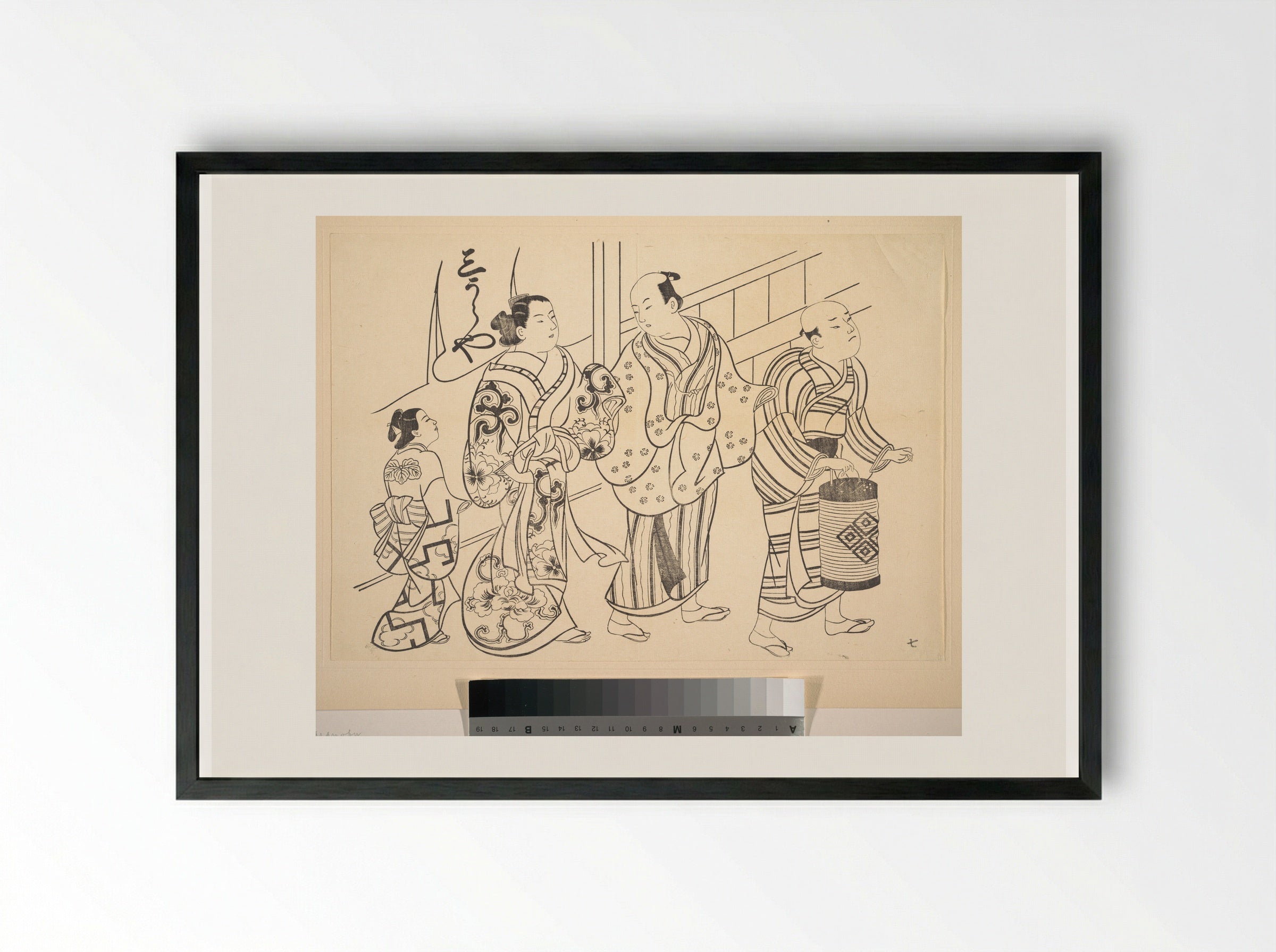 A Man Attended by a Servant Carrying a Lantern - Okumura Masanobu - Framed Print Black