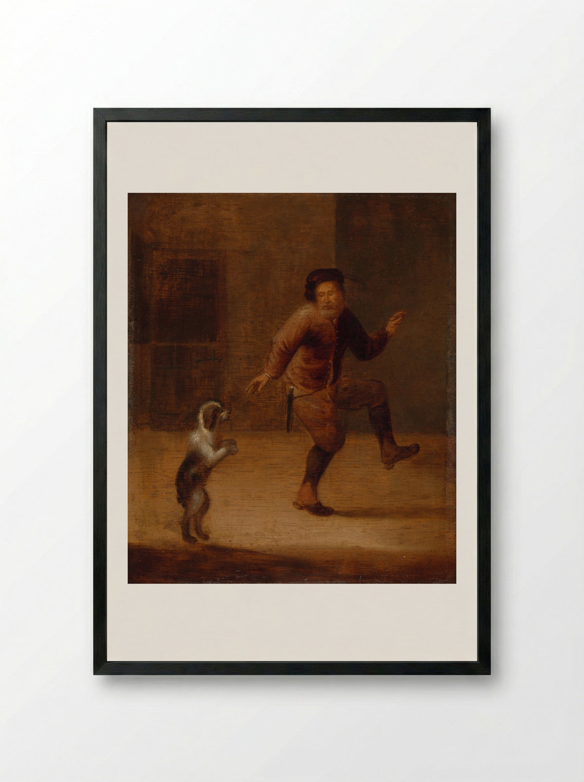 A Man Dancing with a Dog - Hendrick Bogaert - Framed Print Black
