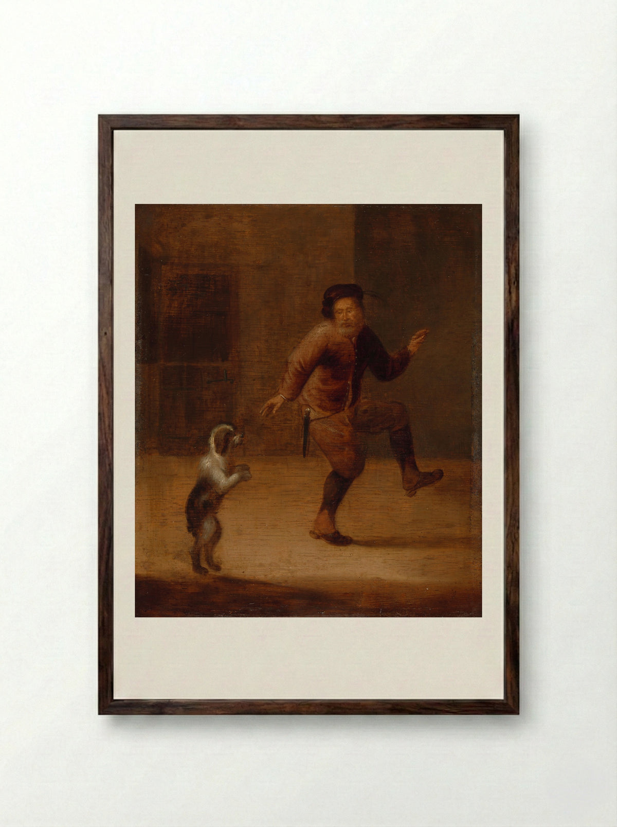 A Man Dancing with a Dog - Hendrick Bogaert - Framed Print Dark Wood