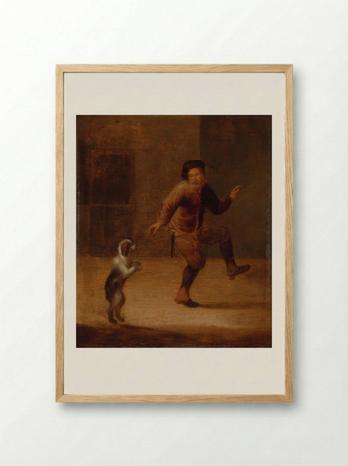 A Man Dancing with a Dog - Hendrick Bogaert - Framed Print Wood