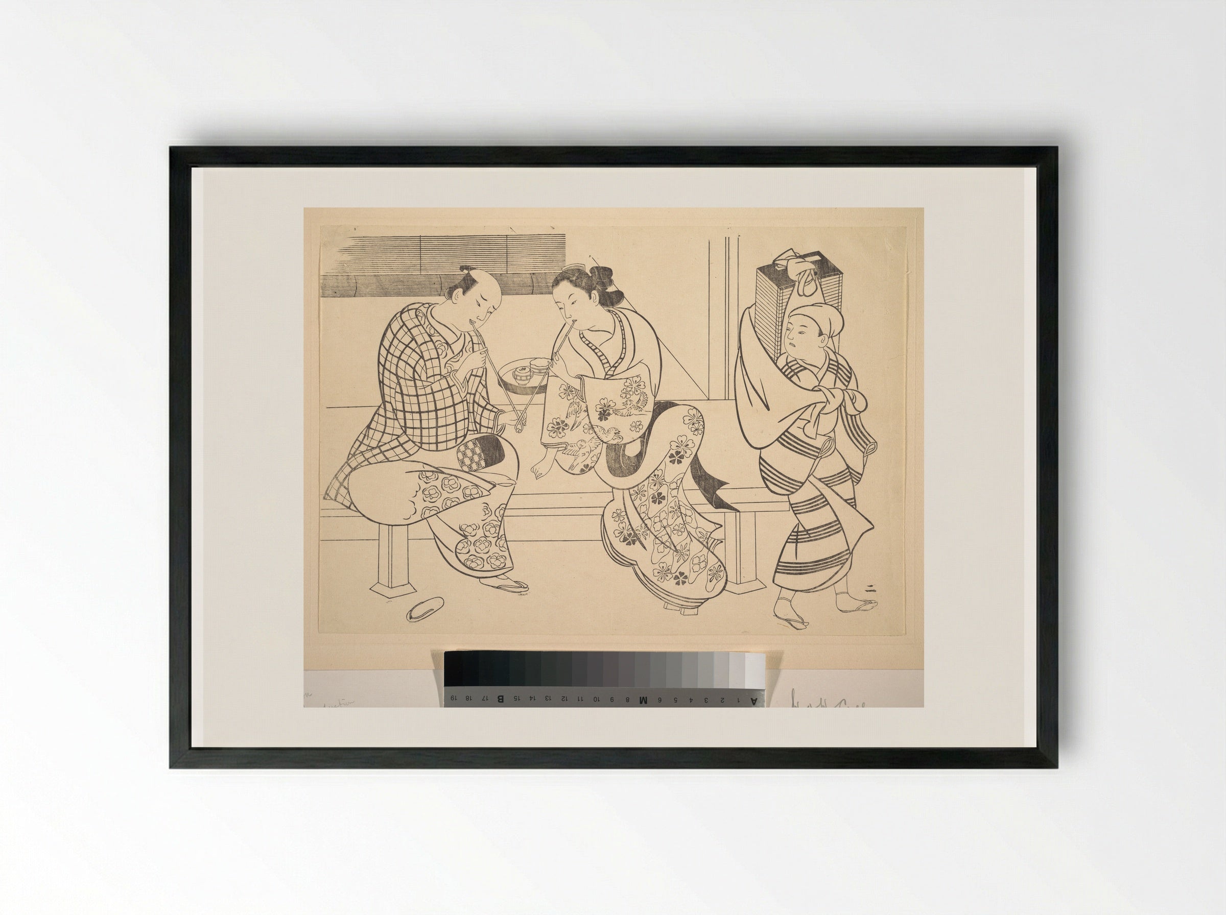 A Man Lighting His Pipe from that of A Young Woman who Sits Beside Him - Okumura Masanobu - Framed Print Black