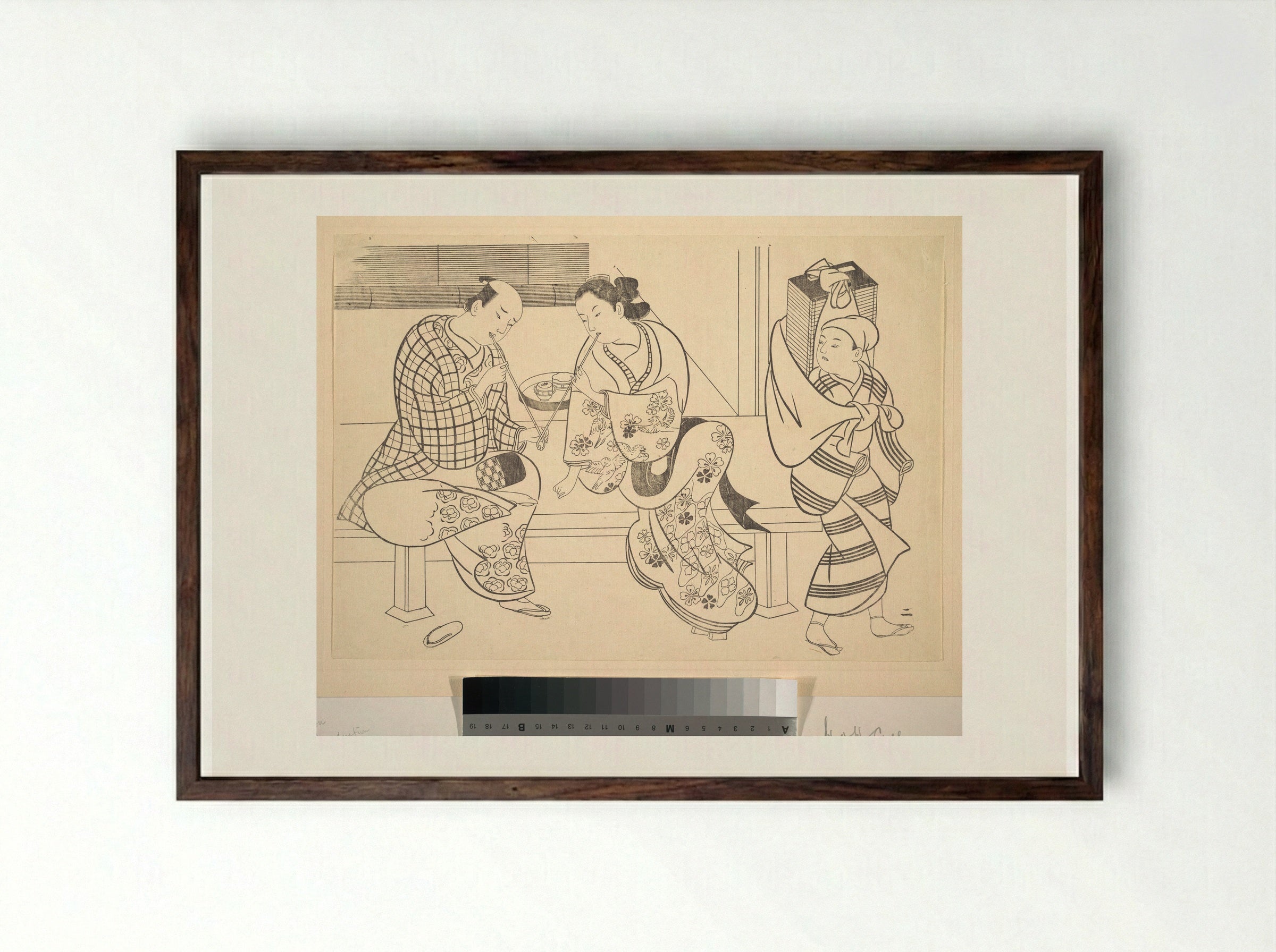A Man Lighting His Pipe from that of A Young Woman who Sits Beside Him - Okumura Masanobu - Framed Print Dark Wood