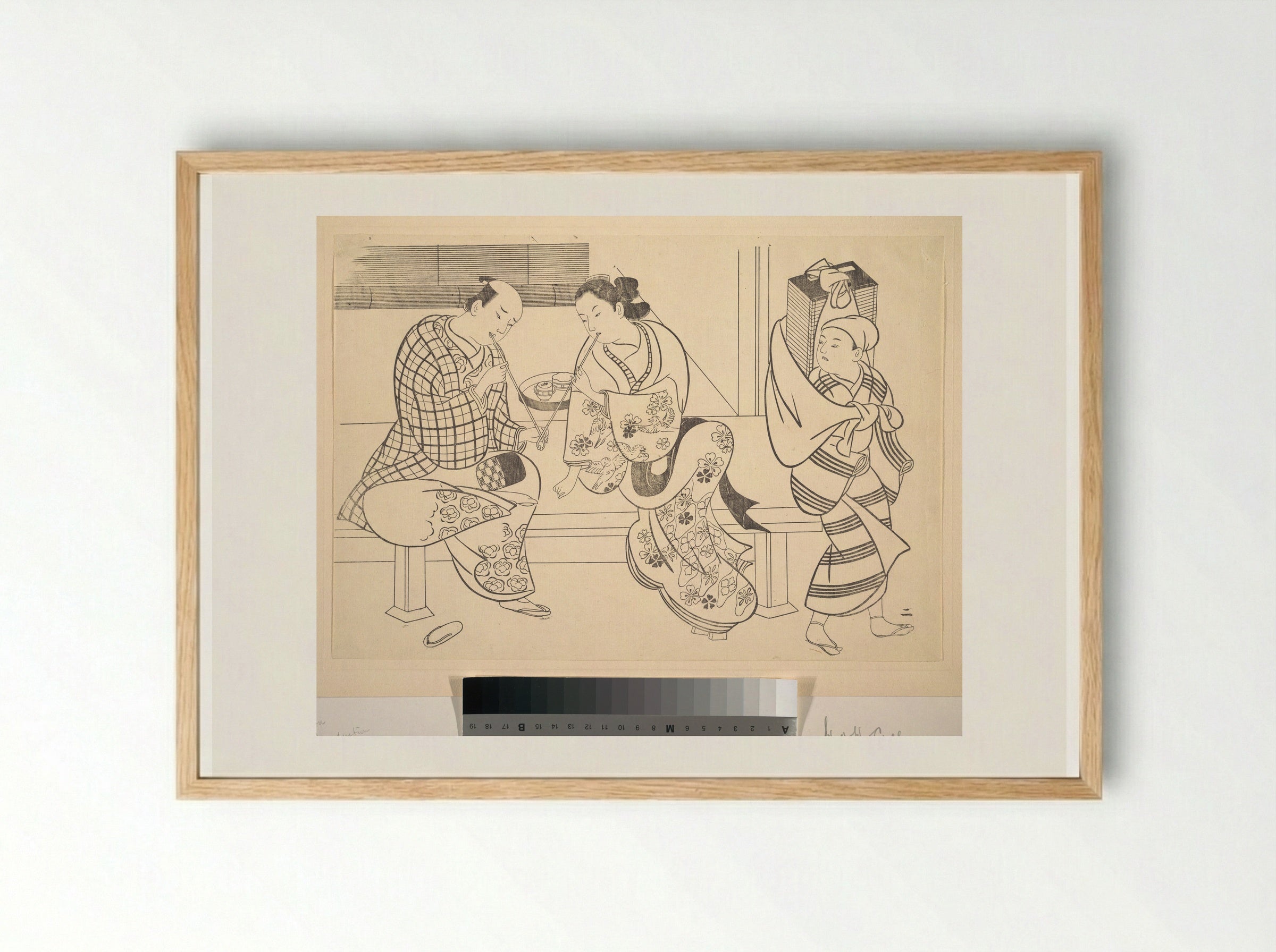 A Man Lighting His Pipe from that of A Young Woman who Sits Beside Him - Okumura Masanobu - Framed Print Wood