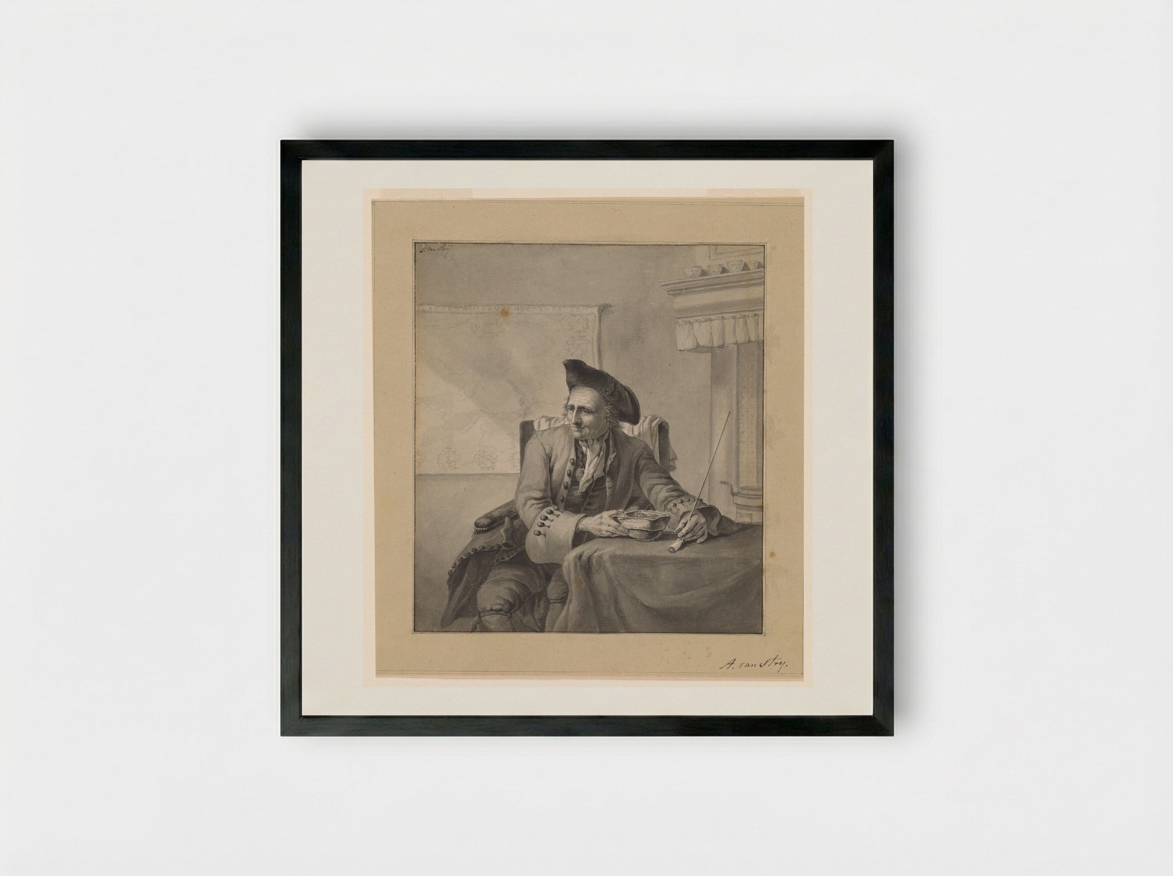 A Man Seated at a Table Holding a Pipe - Jacob van Strij - Framed Print Black
