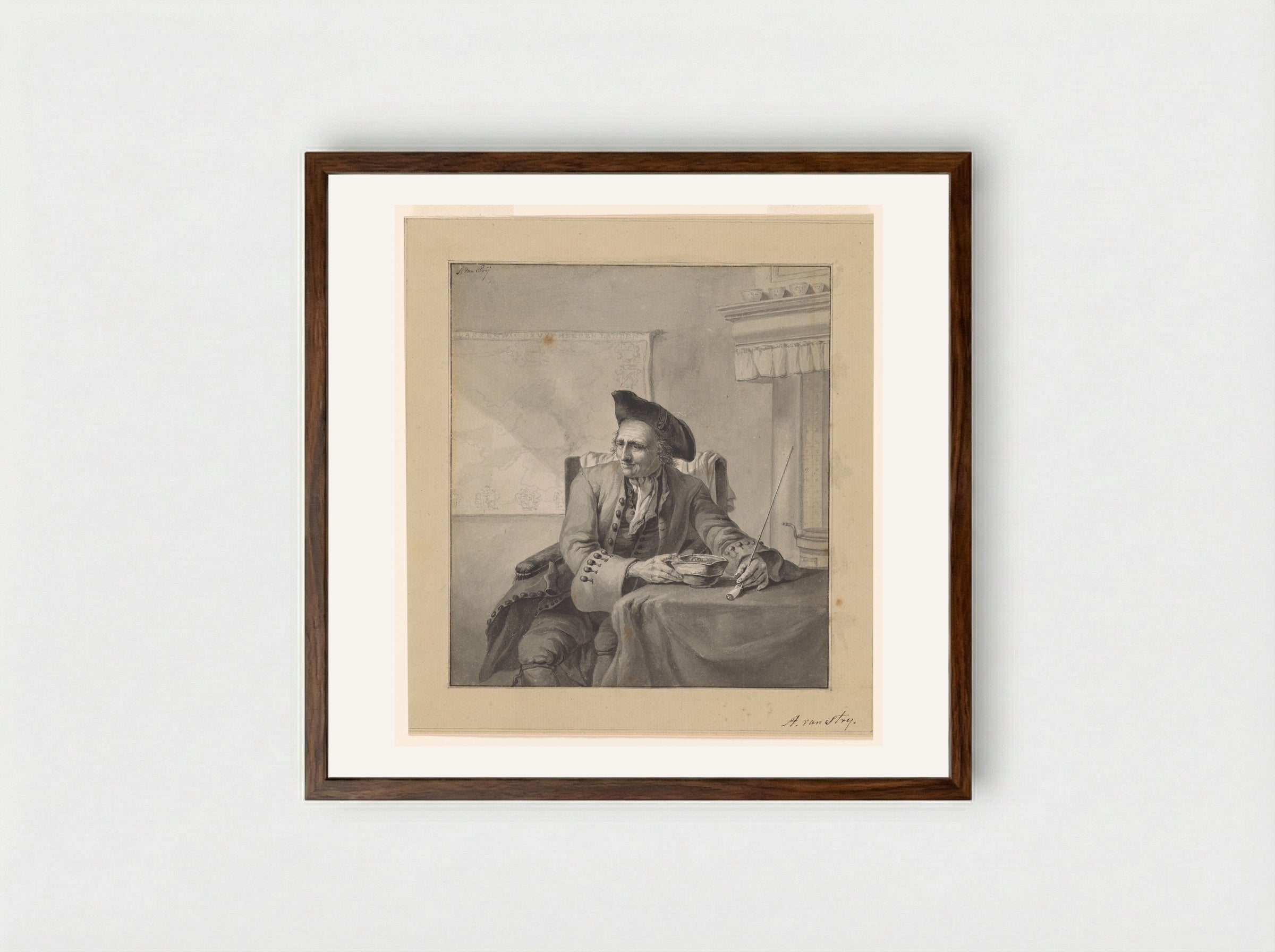 A Man Seated at a Table Holding a Pipe - Jacob van Strij - Framed Print Dark Wood