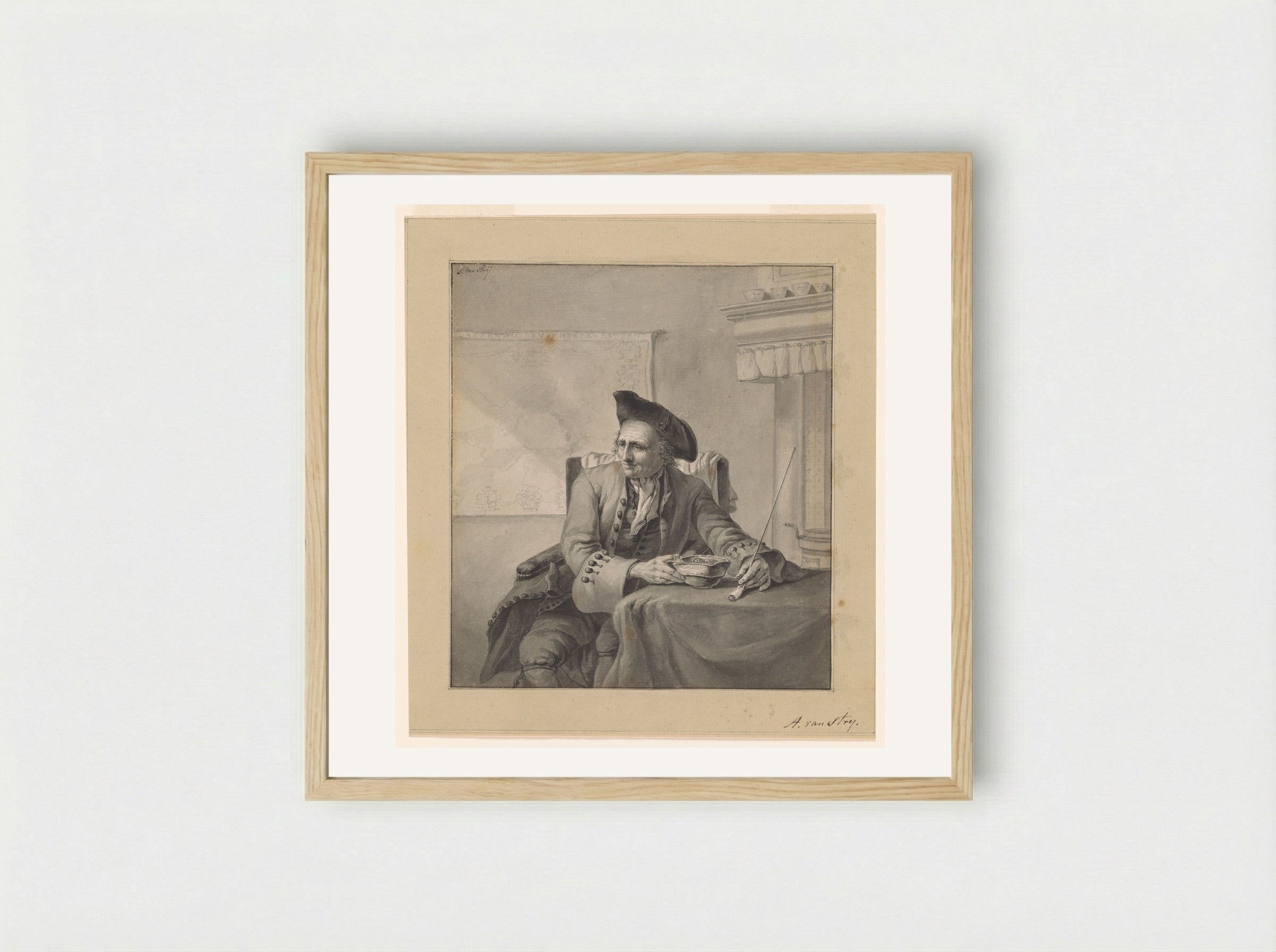 A Man Seated at a Table Holding a Pipe - Jacob van Strij - Framed Print Wood