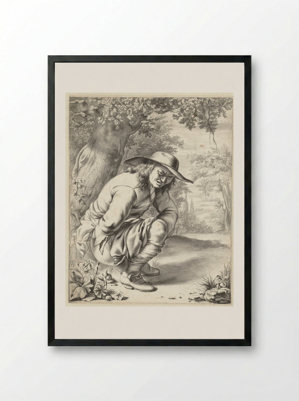 A Man Squatting by a Tree - Jan van Mieris - Framed Print Black