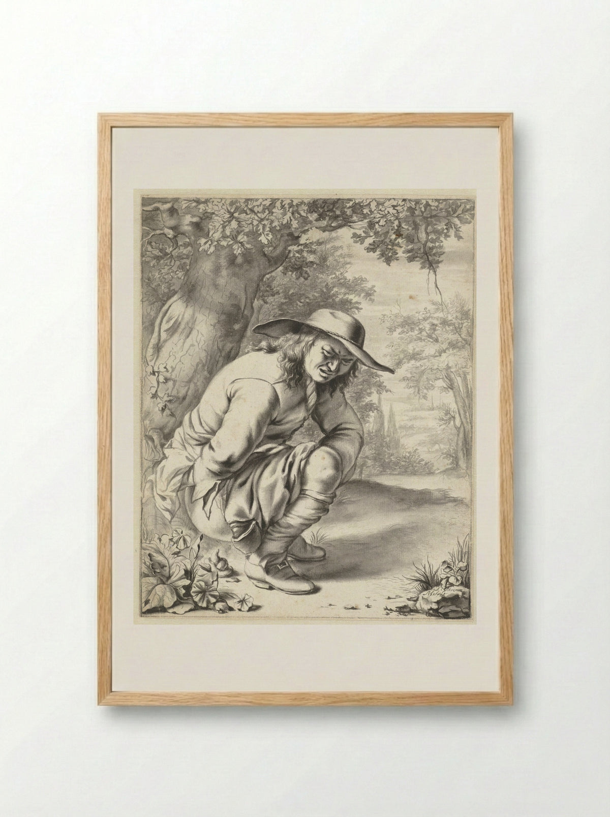 A Man Squatting by a Tree - Jan van Mieris - Framed Print Wood