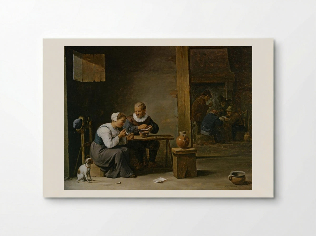 A Man and Woman Smoking a Pipe in an Interior with Peasants Playing Cards - David Teniers the Younger - Poster