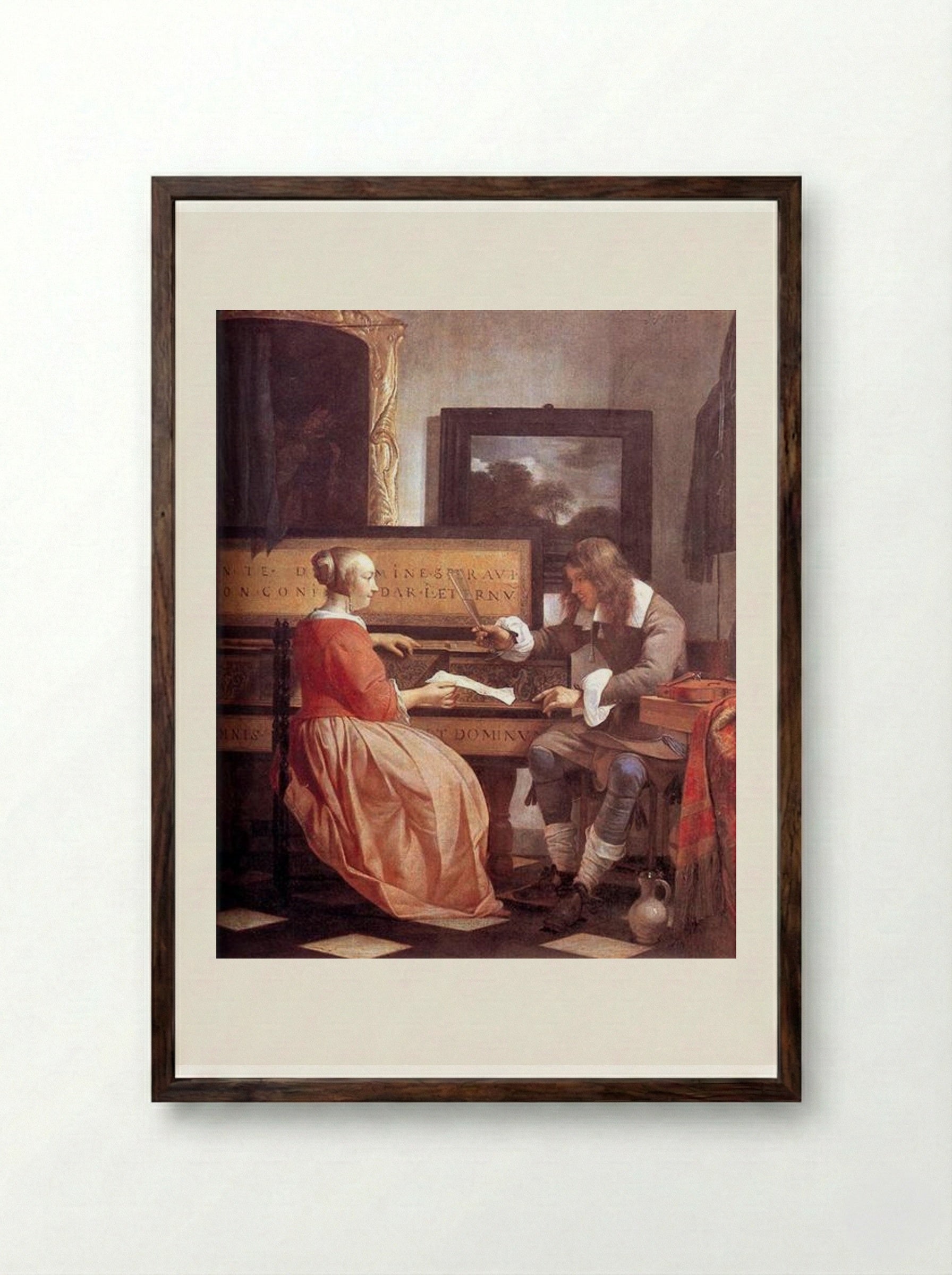 A Man and a Woman Seated by a Virginal - Gabriel Metsu - Framed Print Dark Wood