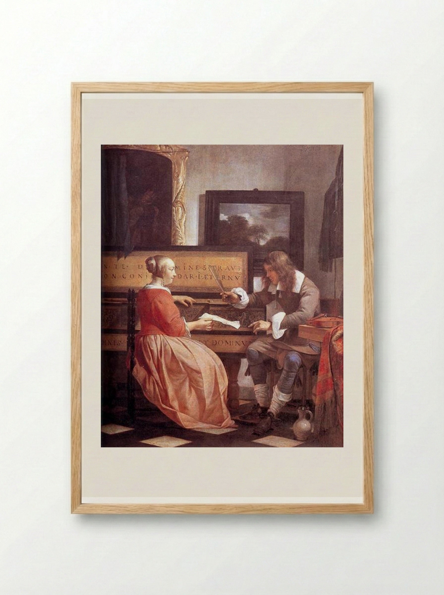 A Man and a Woman Seated by a Virginal - Gabriel Metsu - Framed Print Wood