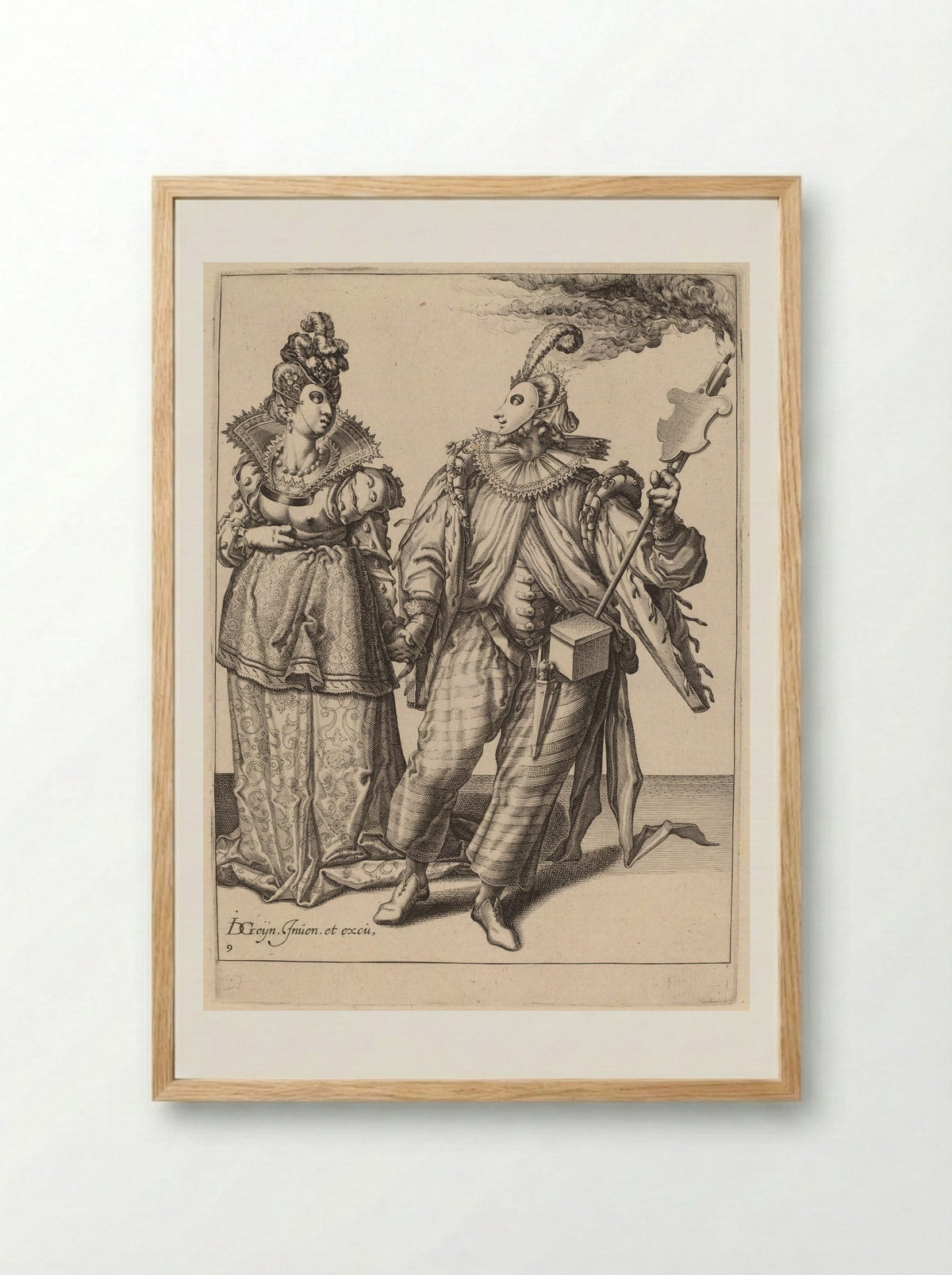A Man with a Turban Leading a Woman Who is Wearing Peacock Feathers, Behind Them a Torch-Bearer - Zacharias Dolendo - Framed Print Wood