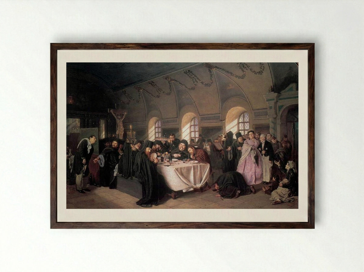 A Meal in the Monastery - Vasily Perov - Framed Print Dark Wood