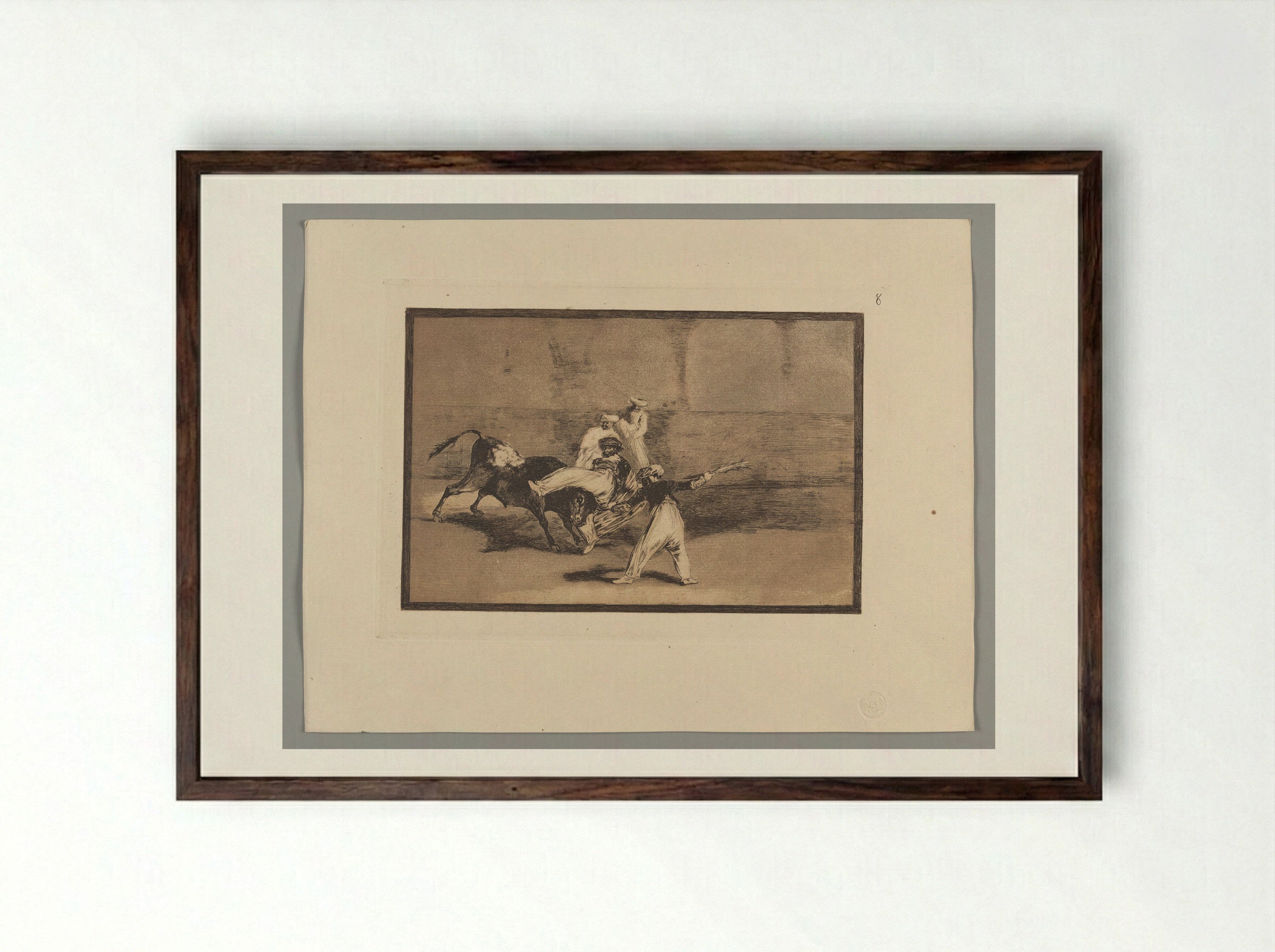 A Moor Caught by the Bull in the Ring - Francisco José de Goya y Lucientes - Framed Print Dark Wood