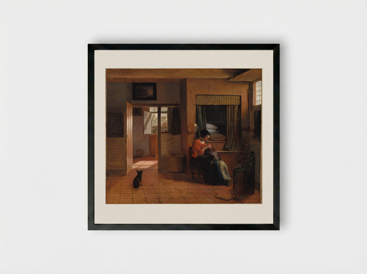A Mother Delousing Her Child's Hair - Pieter de Hooch - Framed Print Black