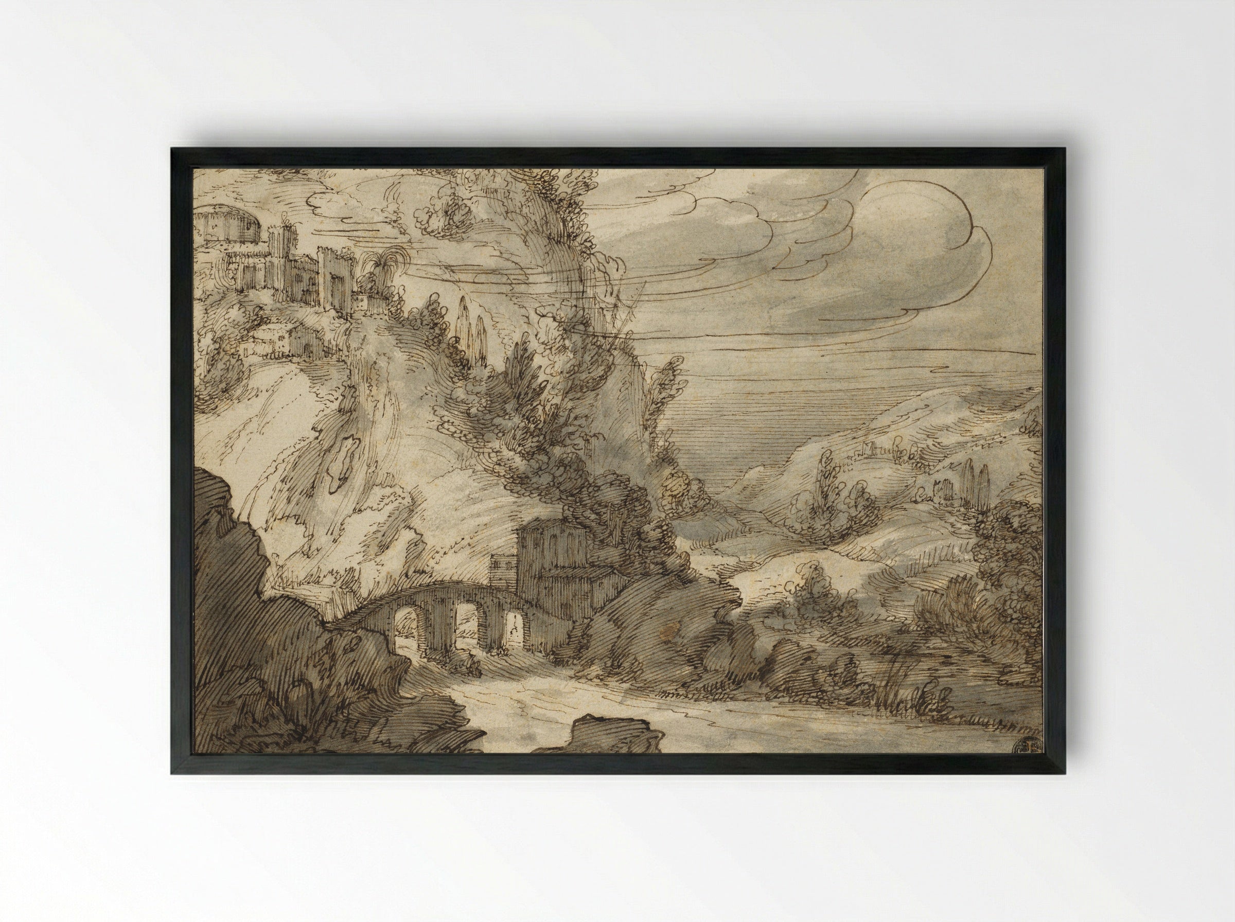 A Mountainous Landscape with an Arched Bridge over a River - Jan Symonsz. Pynas - Framed Print Black
