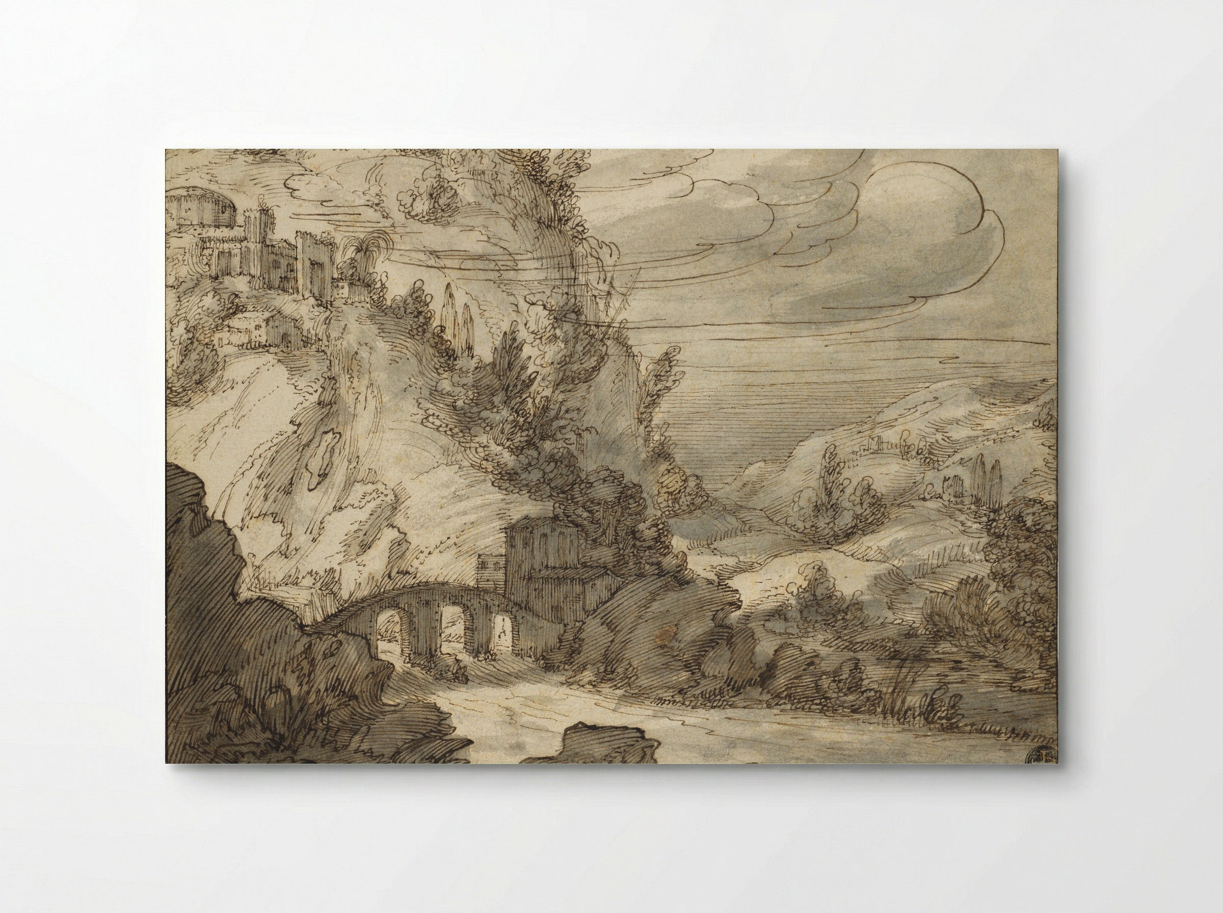 A Mountainous Landscape with an Arched Bridge over a River - Jan Symonsz. Pynas - Poster