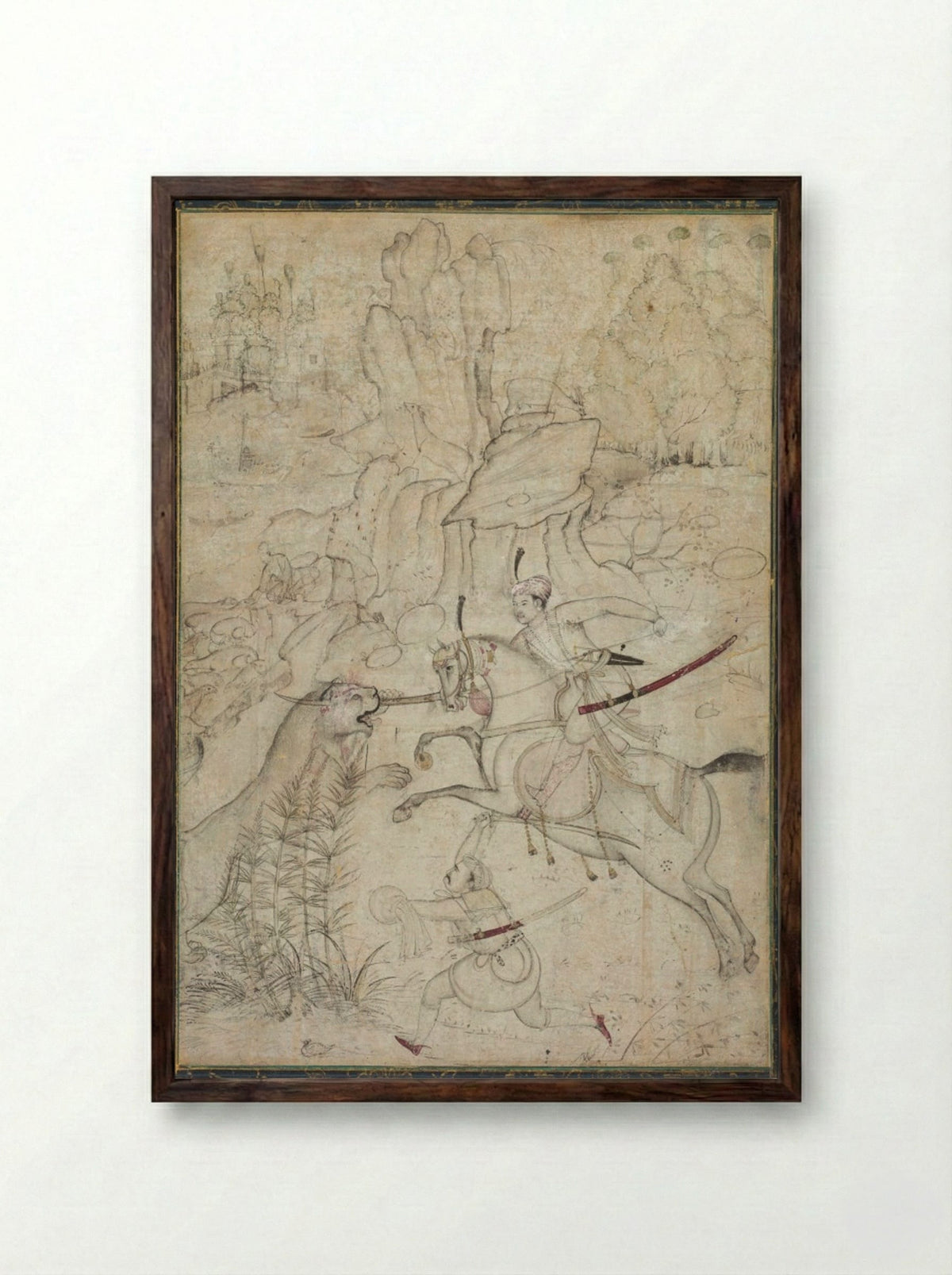 A Mounted Prince Hunting Lion in a Rocky Landscape - Khem Karan - Framed Print Dark Wood